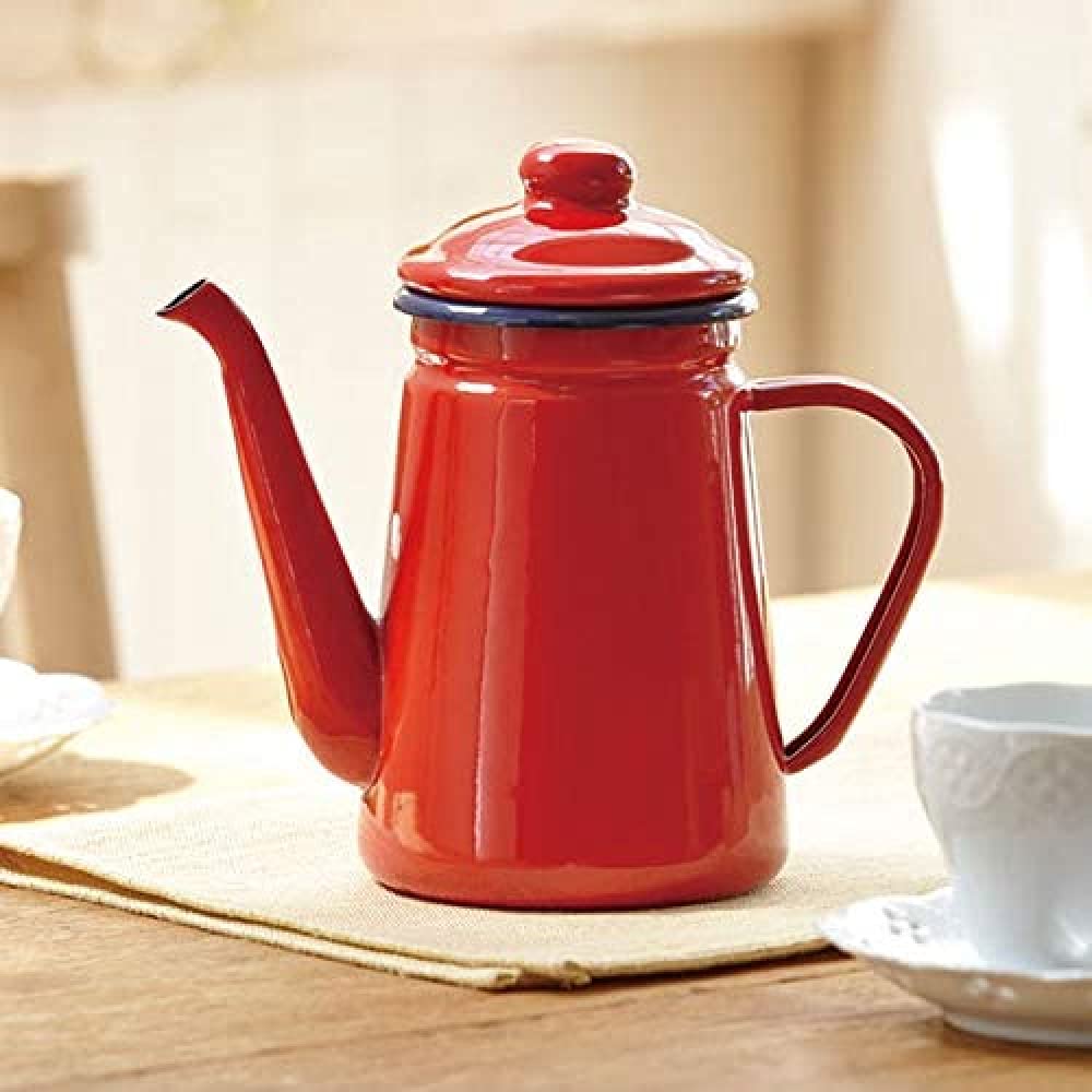 1.1L Enamel Coffee Pot - Pour Over Milk & Water Jug Pitcher for Gas & Induction Stoves - Durable & Stylish Red Teapot Kettle - Perfect for Camping, Home Brewing & Kitchen Use