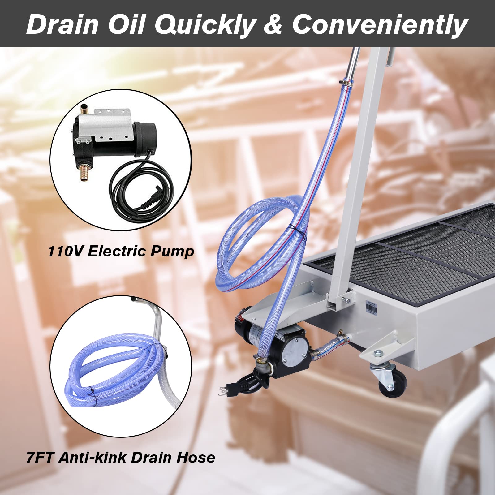 15 Gallon Oil Drain Pan with Electric Pump - Portable Low Profile Oil Change Tank for Cars, SUVs & Trucks - Large Capacity Oil Drain Pan with Hose & Swivel Caster Wheels - Perfect for Garage, Auto Shop & DIY Oil Changes (Gray)