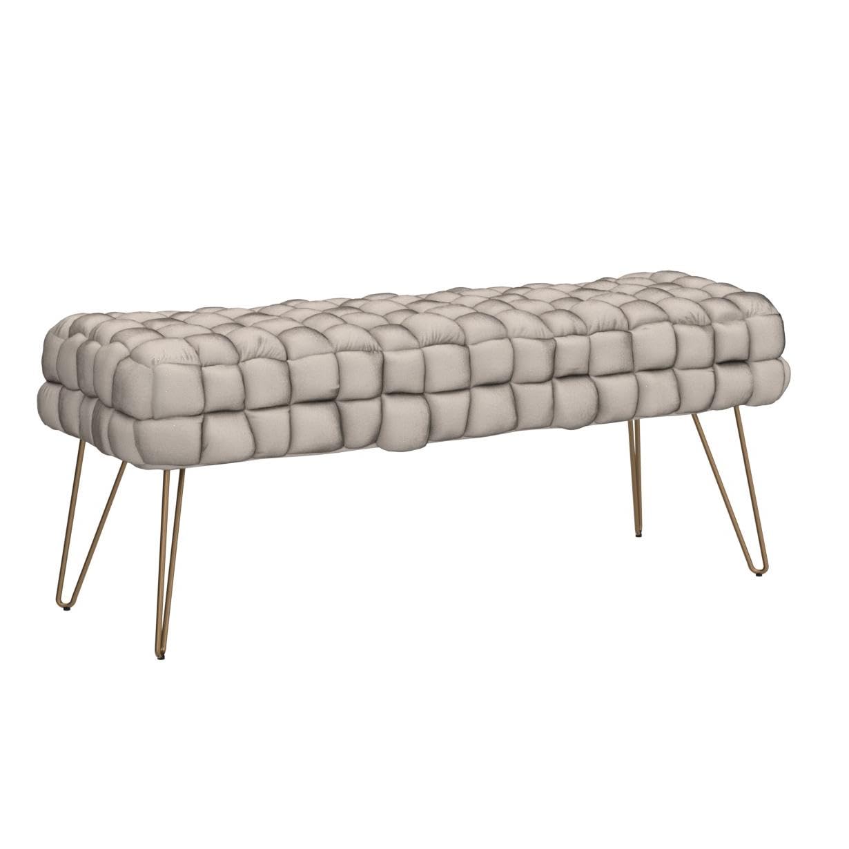 Ornavo Home Mirage Modern Contemporary Woven Upholstered Velvet Long Bench Ottoman with Gold Metal Legs - Cream | Stylish Living Room Seating, Bedroom Footrest & Entryway Decor