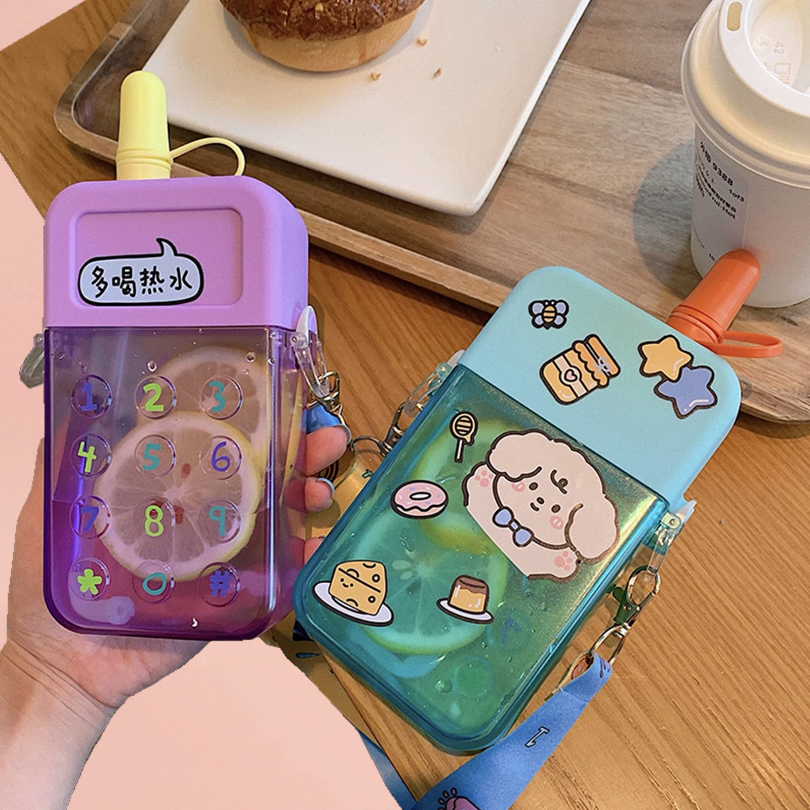 Cute Kawaii Phone-Shaped Water Bottle with Straw for Kids - BPA-Free, Leakproof Plastic Juice Cup with Adjustable Shoulder Strap - Perfect for School, Outdoor, Camping & Sports (Purple A)