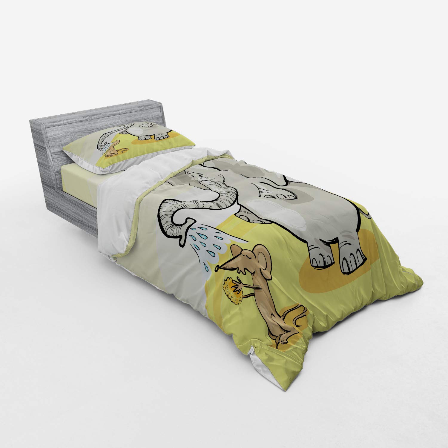 Ambesonne 3-Piece Twin Size Duvet Cover Set - Funny Cartoon Mouse Bathing in Desert Print with Sham & Fitted Sheet, Grey Yellow Cream | Animal Themed Bedding for Kids Room, Dorm Decor & Unique Gift Idea