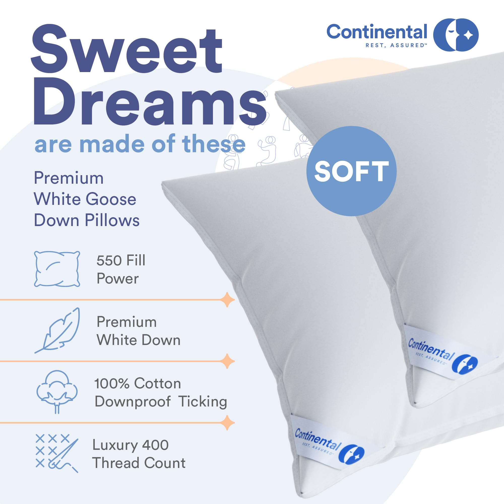 Premium 100% Luxury Down Pillows - 550 Fill Power, Ultra Soft & Supportive - Standard Size (20x26 Inches) - White - Perfect for Side Sleepers & Back Pain Relief - Hotel Quality Bedding for Ultimate Comfort