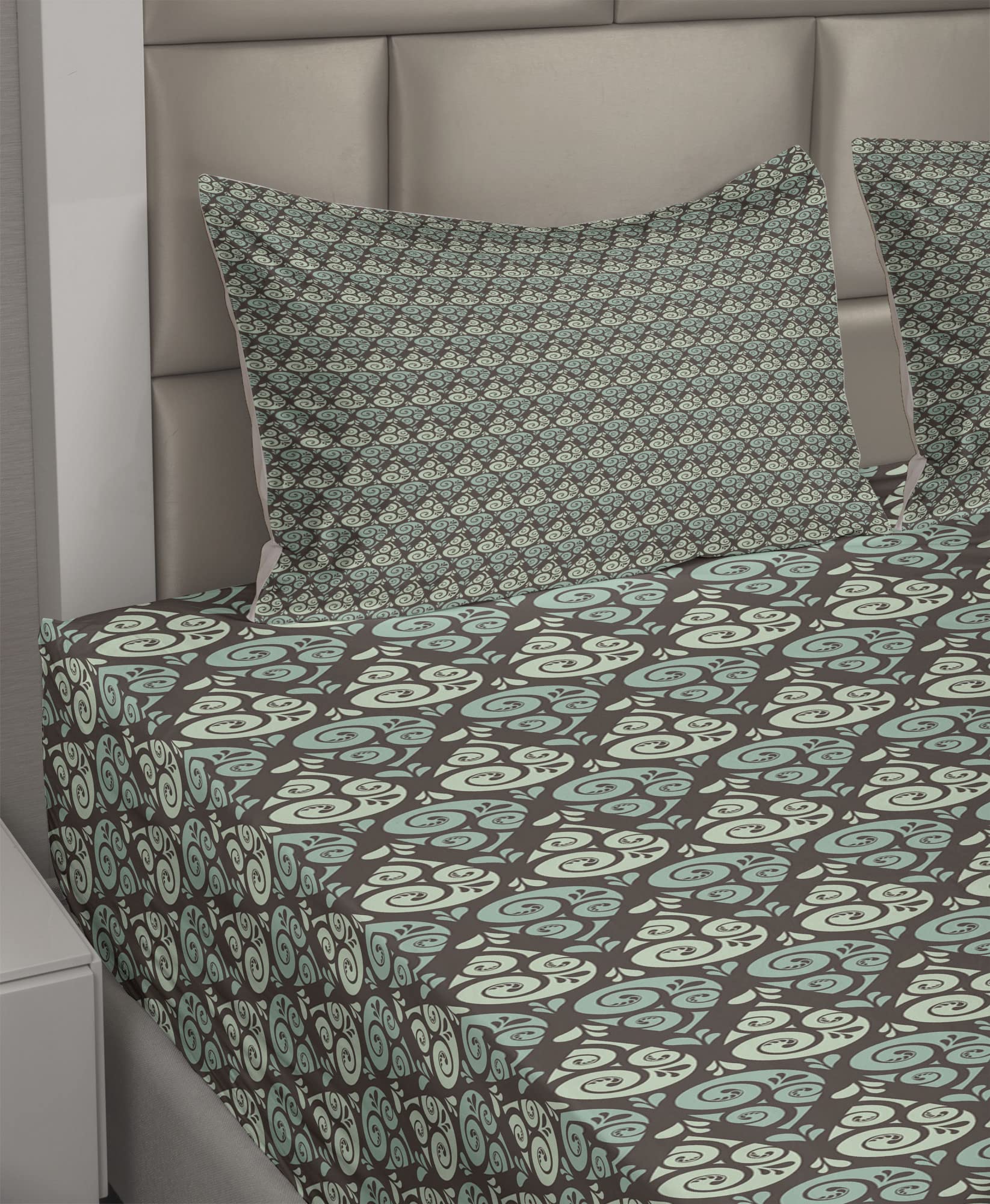 Ambesonne Abstract Raindrop Pattern Bed Sheet Set - 4 Piece Full Size with Fitted Sheet, Flat Sheet & Pillowcases - Mint Green Seafoam Brown Swirl Design - Soft Weather-Themed Bedding for Modern Bedrooms & Guest Rooms