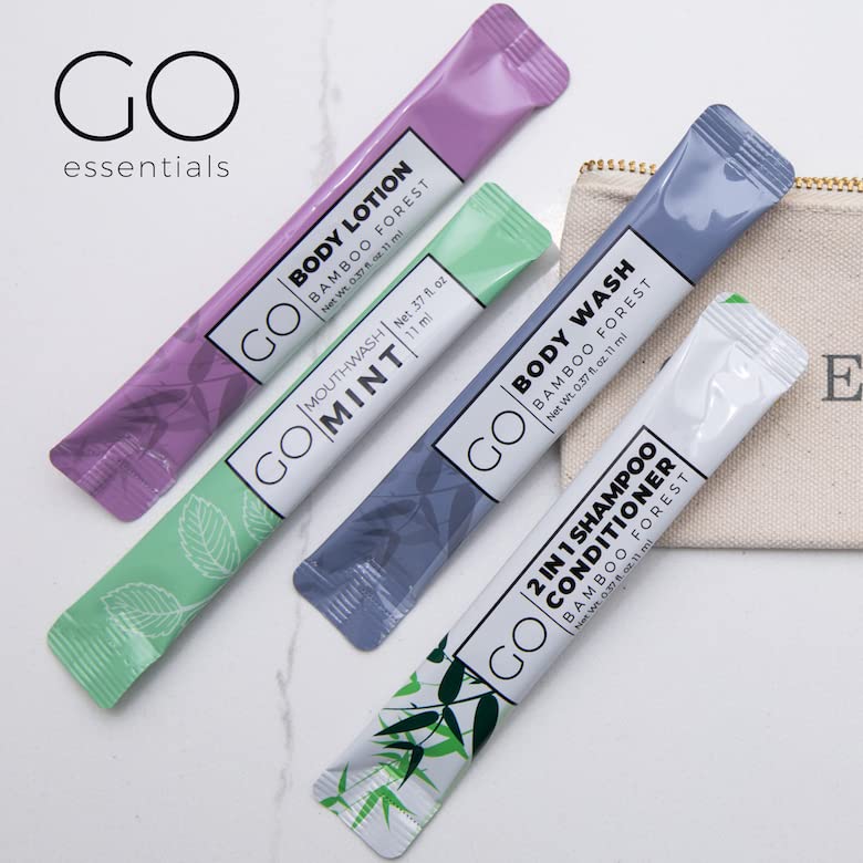 Go Essentials Travel Body Wash 20-Piece Variety Pack - Shampoo, Conditioner, Lotion, Mouthwash & Body Wash (5 Each) | Perfect for Hotels, Gyms, Camping & On-The-Go Hygiene