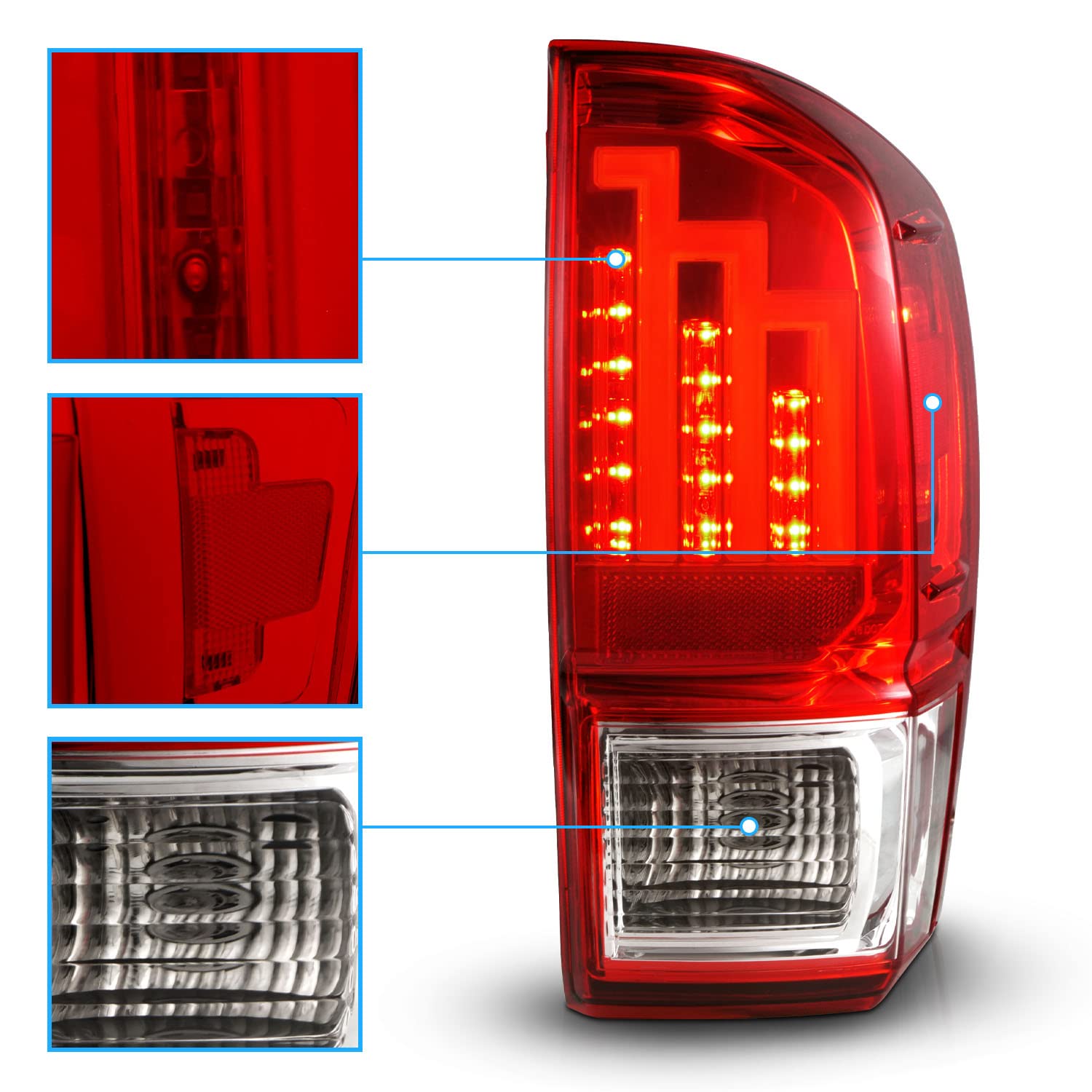 2016-2023 Toyota Tacoma LED Tail Lights - AmeriLite Clear Red Tube Parking Lamp Assembly (Pair) for Enhanced Visibility & Style - Perfect for Night Driving & Off-Road Adventures