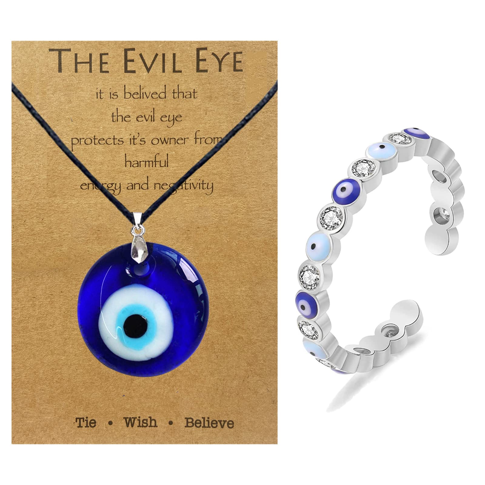 Evil Eye Necklace & Bracelet Set - Blue Turkish Glass Beads with Leather Cord for Women & Men - Lucky Protection Jewelry - Perfect for Everyday Wear, Gifts & Spiritual Healing