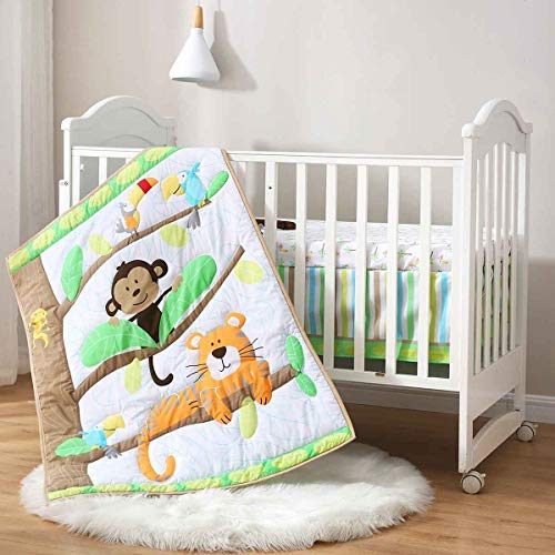 SpringBaby Soft Cotton 3-Piece Crib Bedding Set for Boys & Girls - Neutral White/Green Safari Woodland Theme with Tiger & Monkey Print | Portable Standard Crib Set for Nursery Decor & Baby Shower Gift