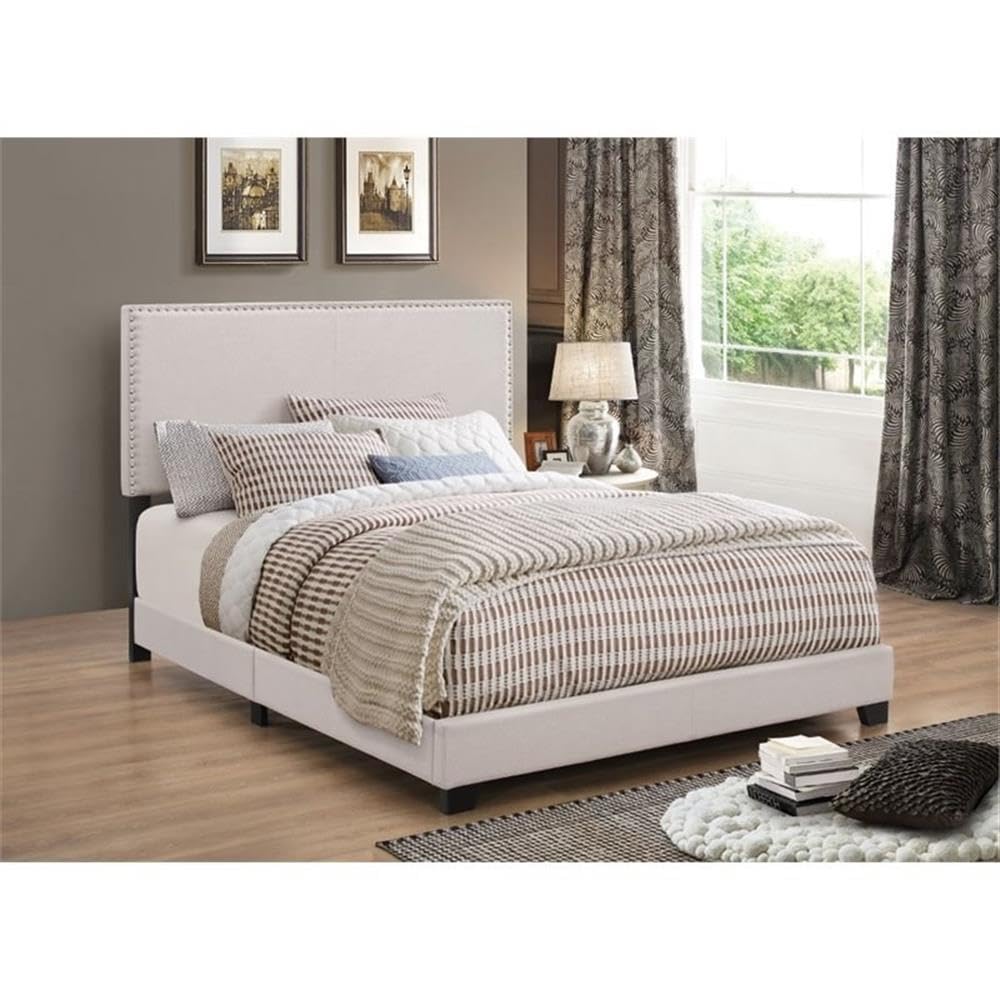 Burgundy Way Full Upholstered Bed with Nailhead Trim in Fog Gray - Luxurious Fabric Headboard for Master Bedroom & Guest Room Decor