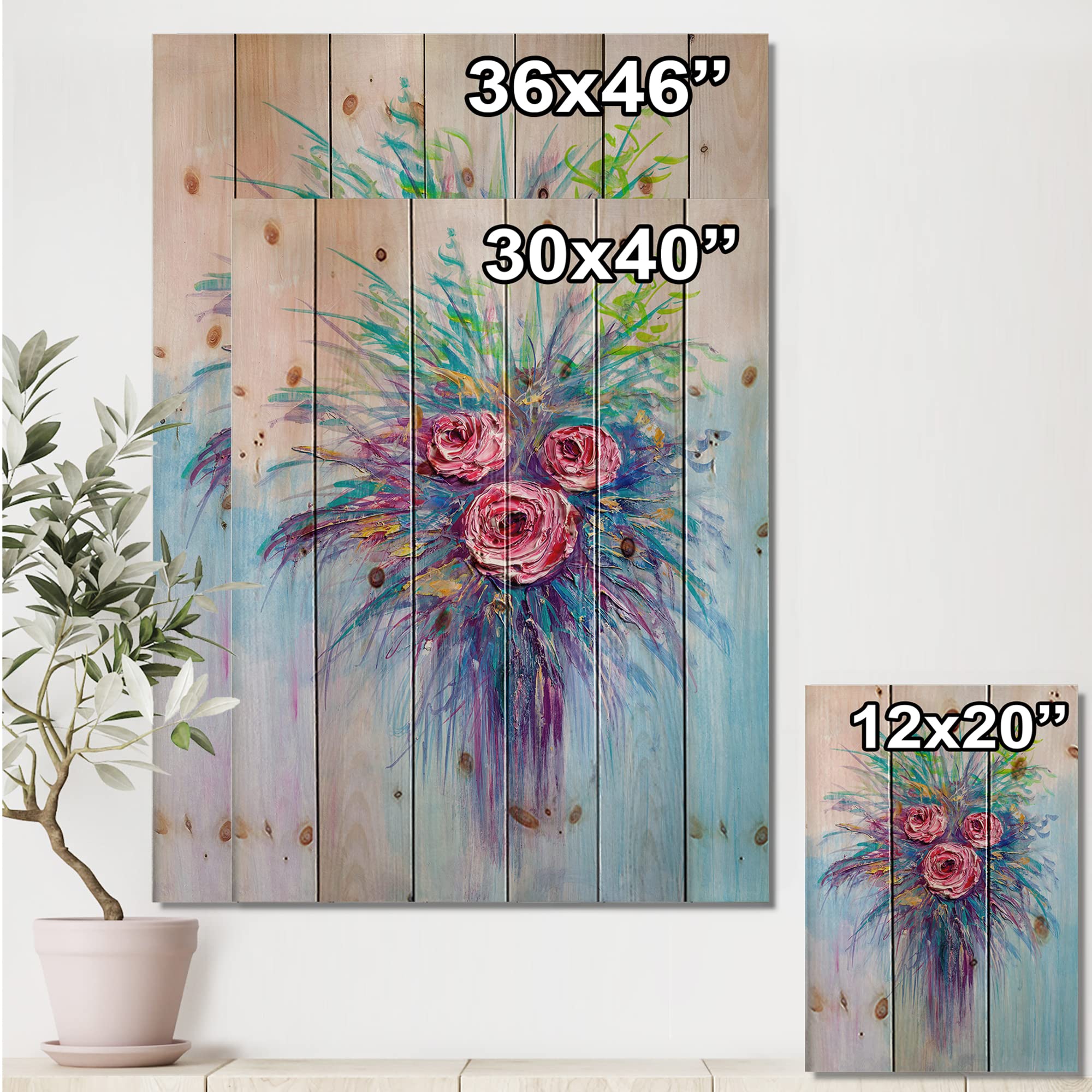 Handmade Red Rose Bouquet Blue Wood Wall Art - Traditional Floral Decor Printed on Natural Pine Wood - Perfect for Living Room, Bedroom & Office Decor