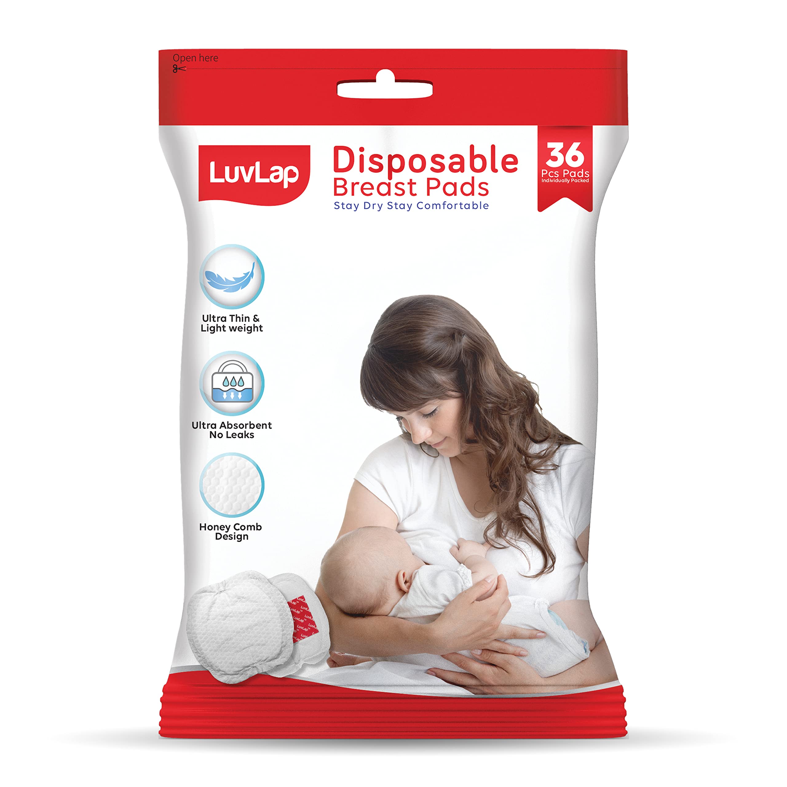 LuvLap Ultra Thin Honeycomb Nursing Breast Pads - 36 Count Disposable Maternity Pads for Breastfeeding - Super Absorbent, Soft & Comfortable - Discreet Fit with Resealable Pack - Perfect for Leak Protection at Work, Travel or Home Use