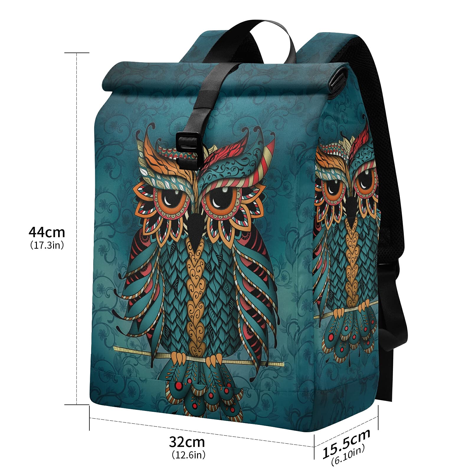 ALAZA Green Owl Print Patrick Boho Ethnic Large Waterproof Anti-Theft Roll Top Laptop Backpack for Women & Men - Fits 13-17.3 Inch Laptops - Perfect for Travel, Work & College
