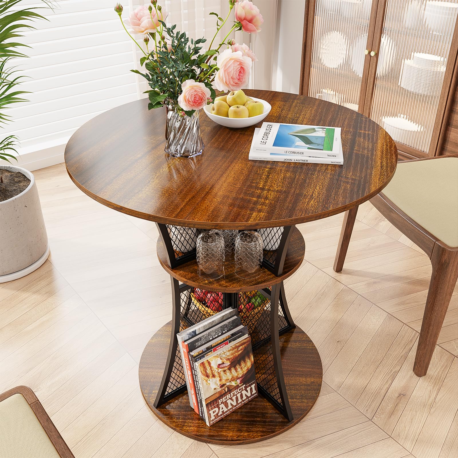 Elephance Round Dining Table with 2-Tier Metal Frame & Storage Shelves - Kitchen Bar Table, Coffee Table for Living Room & Dining Room - Perfect for Small Spaces, Breakfast Nooks & Modern Home Decor