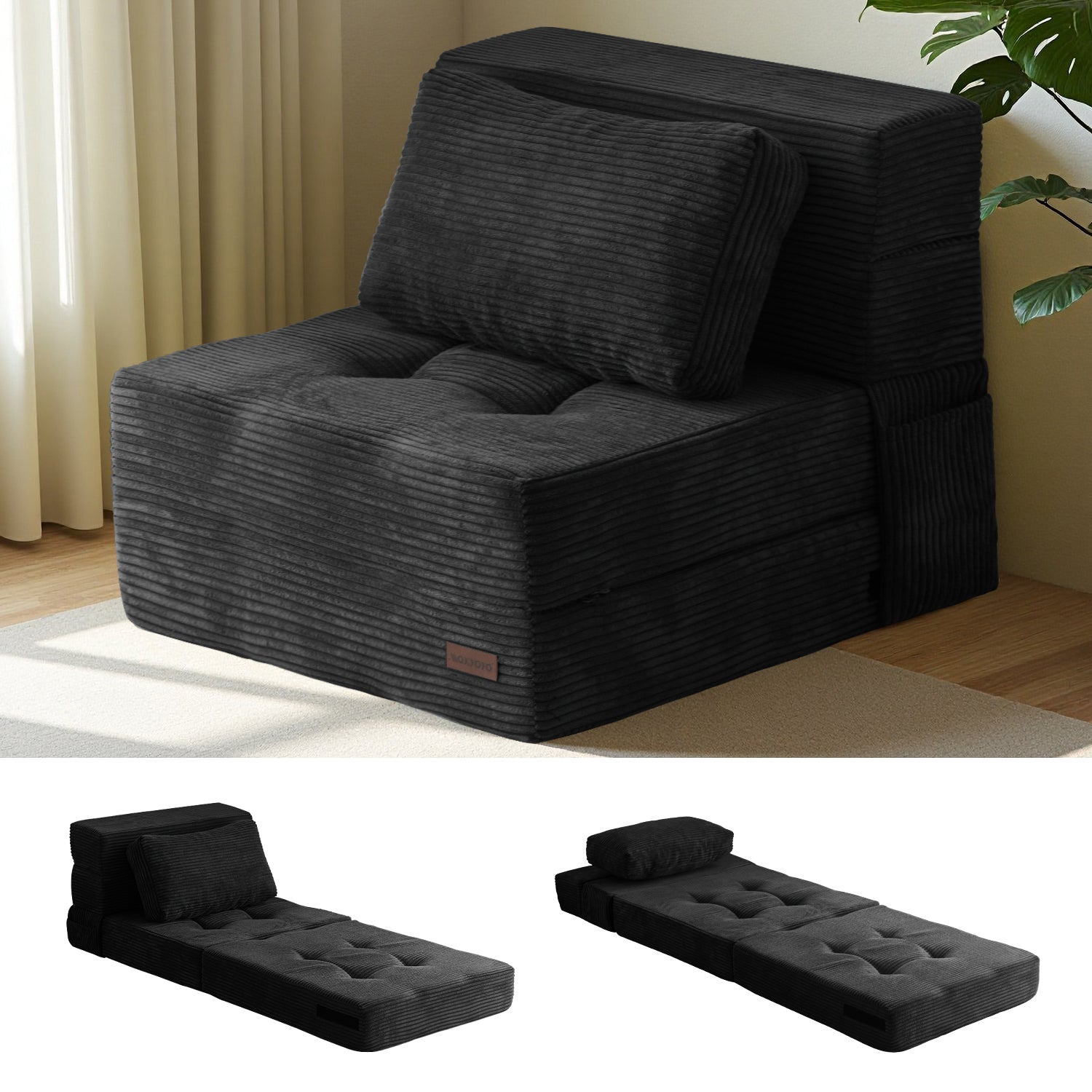 MAXYOYO 4-in-1 Convertible Sofa Bed Chair - Tufted Folding Floor Couch with Pillow, Black | Multi-Functional Furniture for Small Spaces, Guest Room, Dorm & Living Room | Perfect for Lounging, Sleeping & Extra Seating