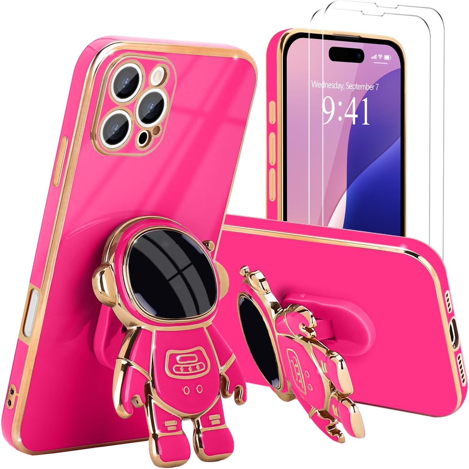 **3D Astronaut iPhone 16 Case - Cute Bling Soft Silicone Phone Cover in Hot Pink | Perfect for Everyday Protection & Stylish Outfits**