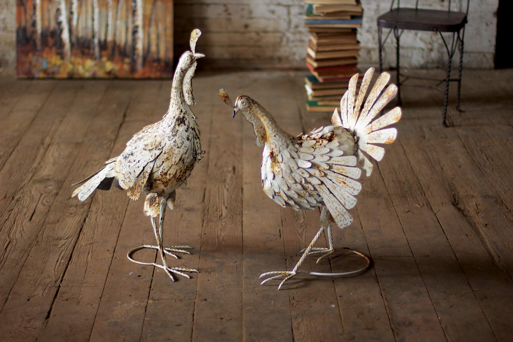 Kalalou CZG1039 Antique White Metal Turkey Decor Set of 2 - Rustic Farmhouse Thanksgiving Table Centerpiece for Home, Garden, and Seasonal Decorations