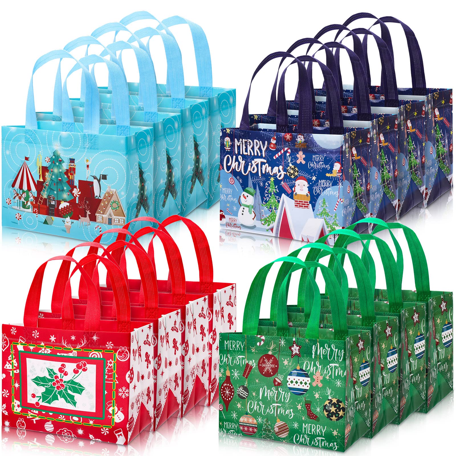 Whaline 16Pcs Christmas Gift Bags with Handles - Reusable Waterproof Tote Bags for Holiday Party & Shopping (4 Designs)