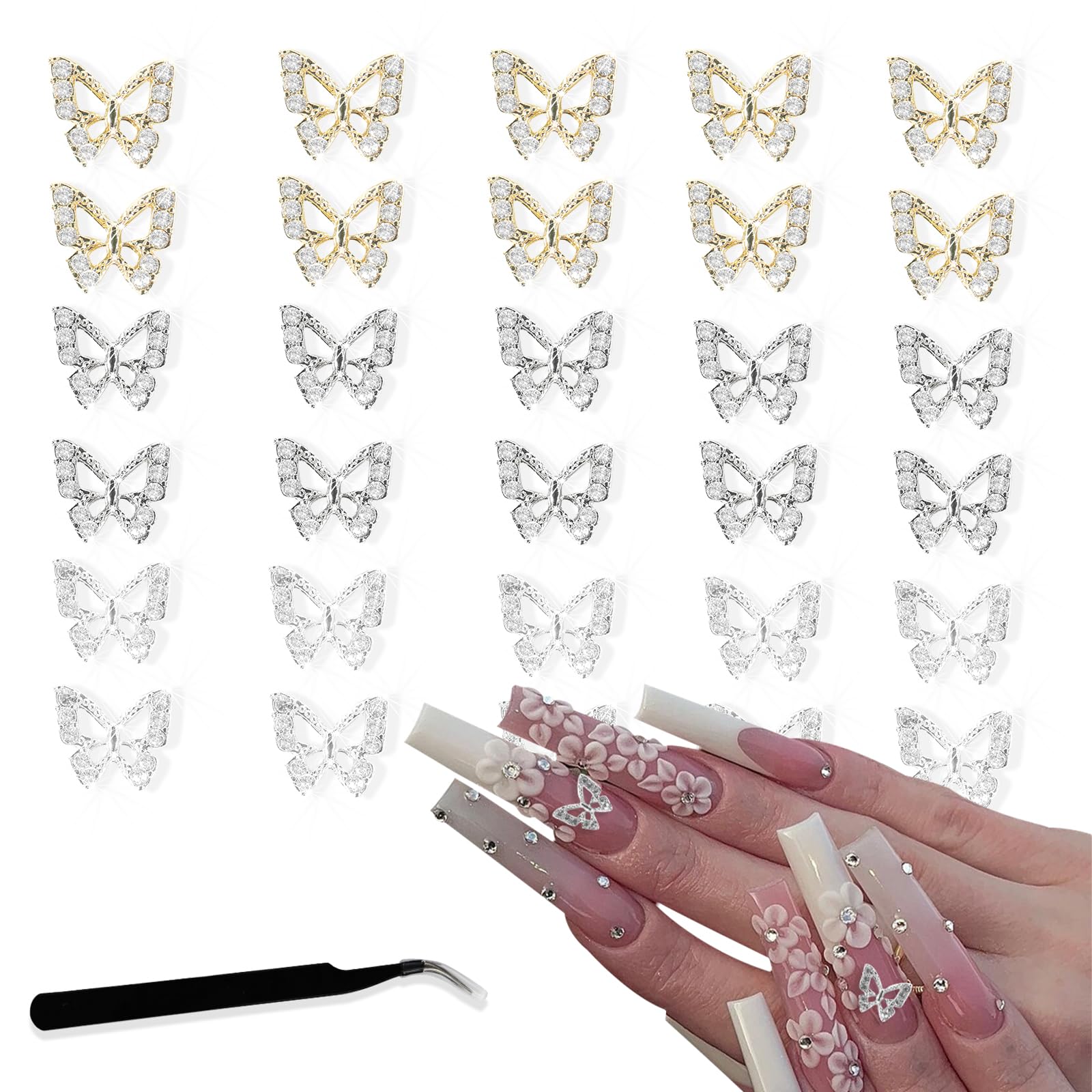 30Pcs Alloy Butterfly Nail Charms - 3D Metal Butterfly Nail Gems with Rhinestones for Acrylic Nails | Shiny Crystal Nail Art Decorations with Tweezer | Perfect for Nail Salon, DIY Manicure, and Party Nail Designs
