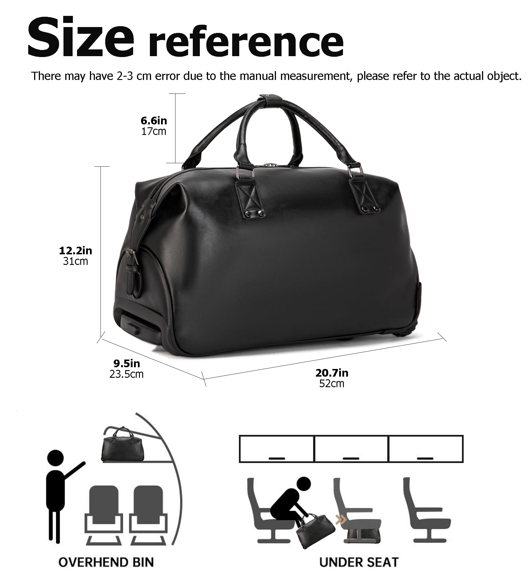 Feilario Leather Travel Duffel Bag with Wheels - Waterproof Unisex Weekender Carry-On Luggage for Overnight Trips & Business Travel | Durable Toiletry Organizer for Gym, Camping & Airplane Use (Black)