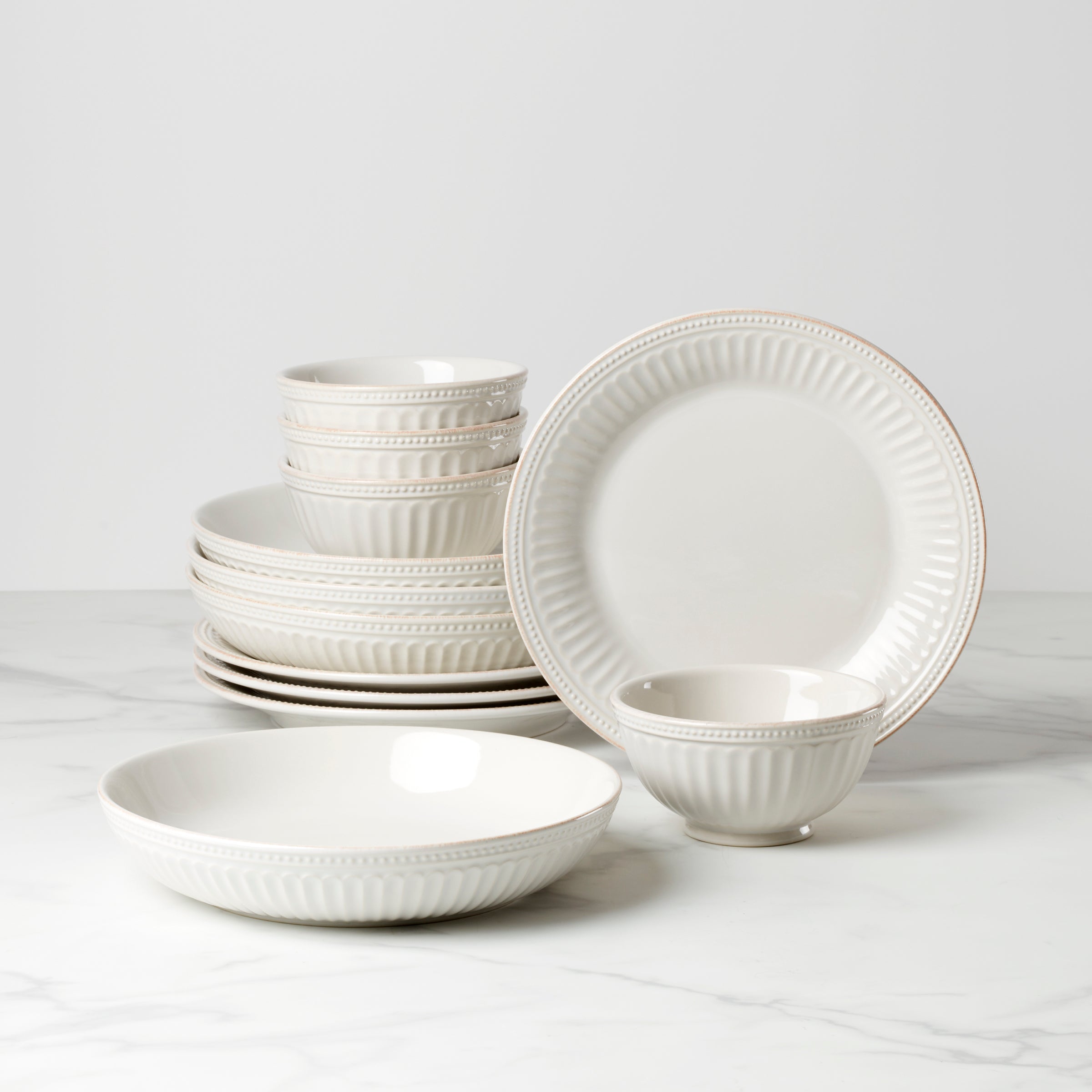 French Perle Groove 12-Piece Dinnerware Set - Elegant Porcelain Tableware for Formal Dining, Entertaining & Special Occasions
