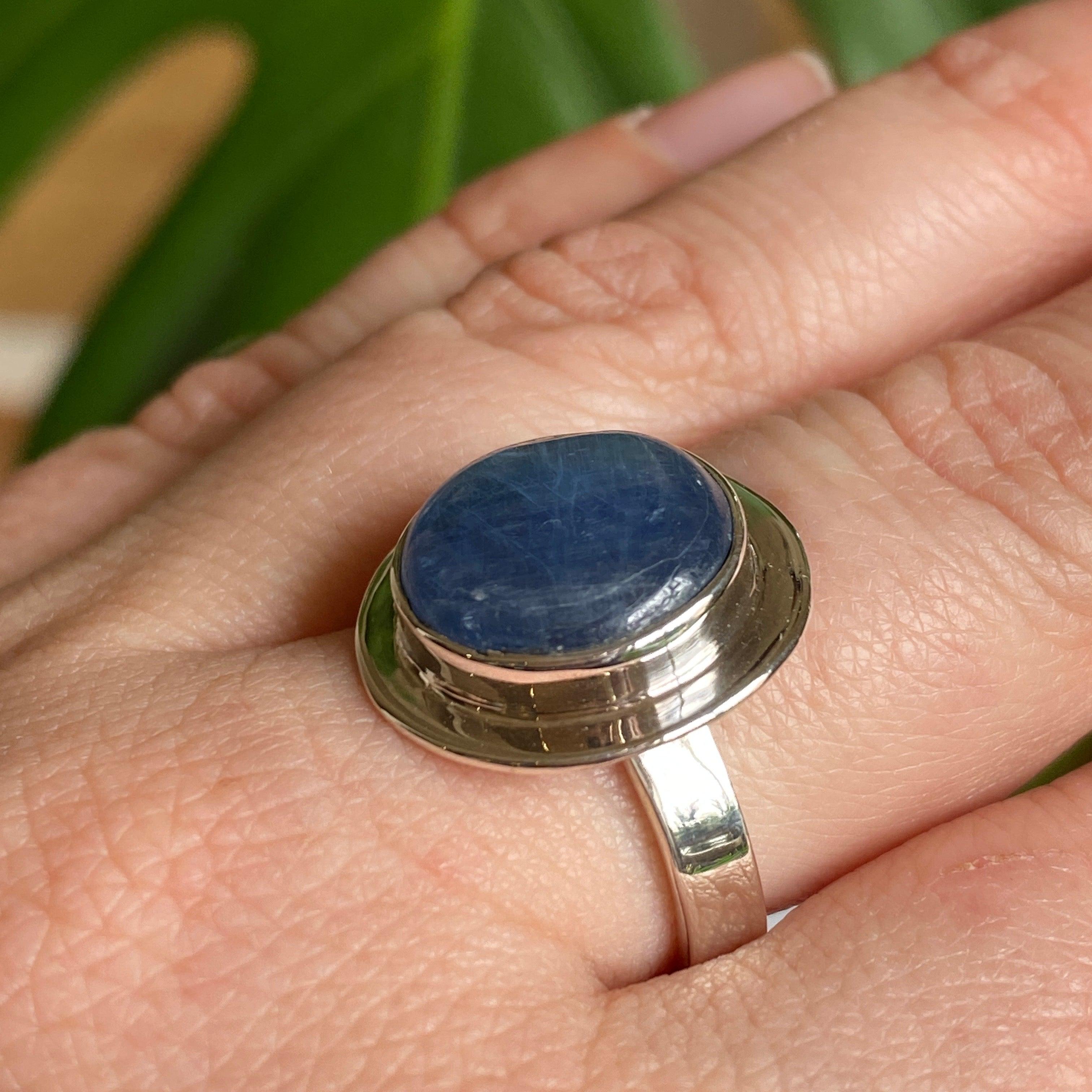 Natural Kyanite Round Cabochon Ring Size 8 - Handmade Sterling Silver Jewelry for Women, Perfect for Everyday Wear & Special Occasions