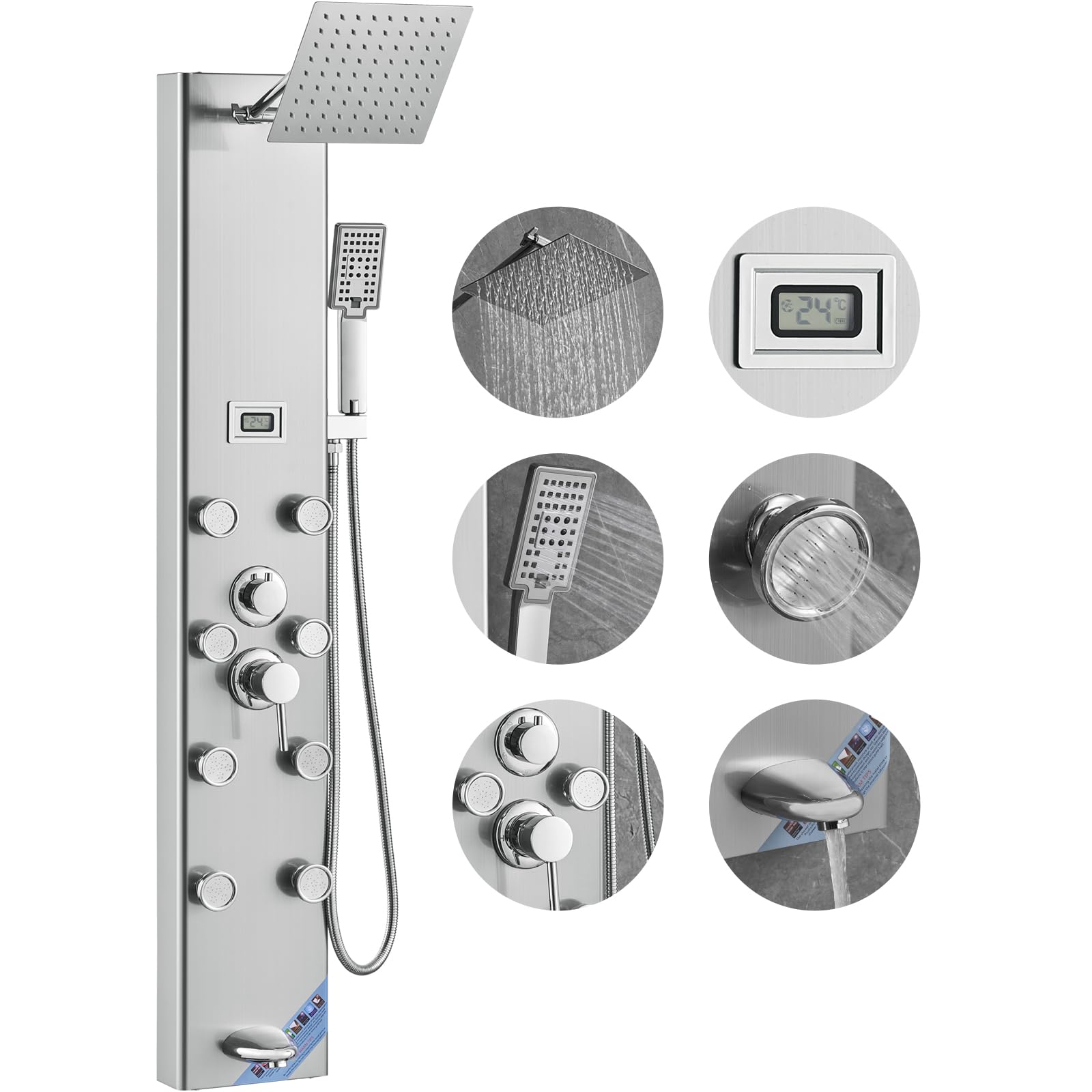 VEVOR Stainless Steel Shower Tower Panel with 5 Modes & Digital Display - Rainfall Shower, 8 Massage Jets, Tub Spout & 3-Setting Handheld Shower Head with 59