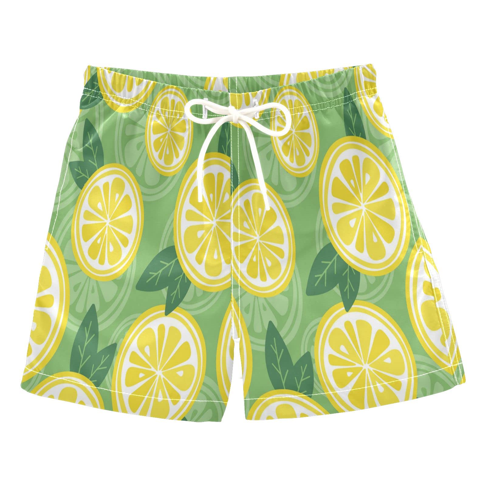 Fresh Lemons Boys Swim Trunks - Yellow Leaves Green Beach Board Shorts for Kids | 2T Swimwear & Bathing Suits for Pool, Beach & Summer Activities