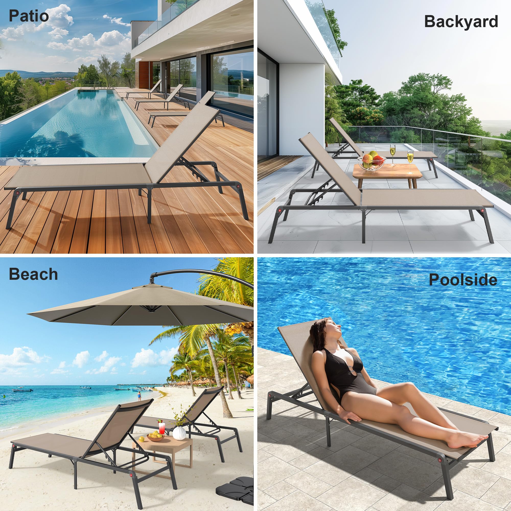 Premium Foldable Outdoor Lounge Chair - 0-60° Adjustable Backrest, No Assembly Tanning Chaise - Lightweight Stainless Aluminum Frame for Patio, Poolside & Beach Relaxation (Khaki) | Perfect for Sunbathing, Backyard Lounging & Vacation Getaways