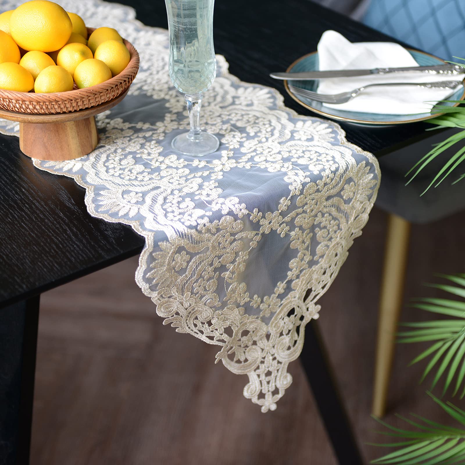 SUTAVIA Embroidered Lace Table Runner for Dining, Wedding & Home Decor (Gold, 12
