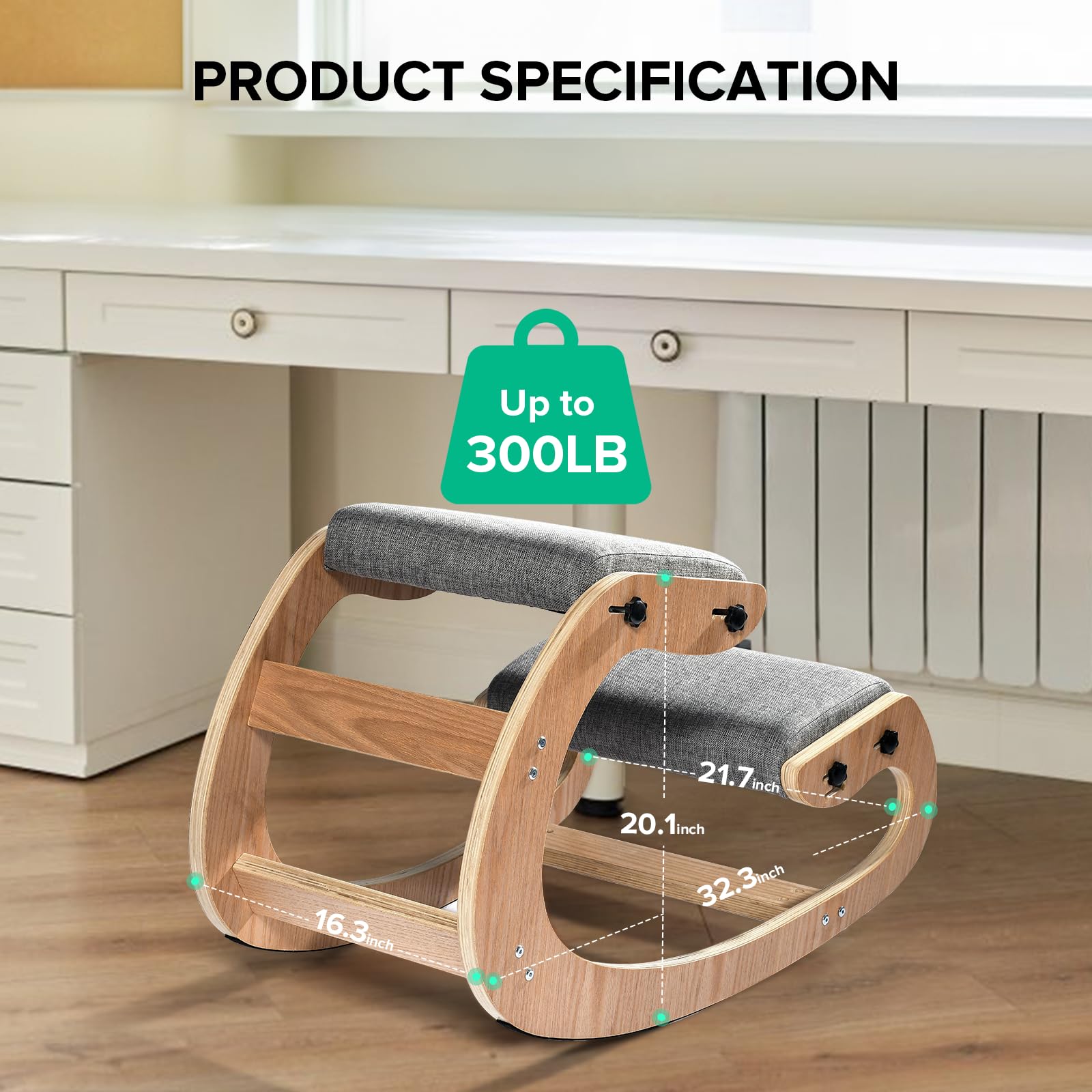 Ergonomic Kneeling Chair for Home Office - Adjustable Wood Rocking Knee Stool with Soft Padding - Natural Neck & Back Pain Relief - Supports Up to 300 lbs - Perfect for Meditation, Yoga & Desk Work