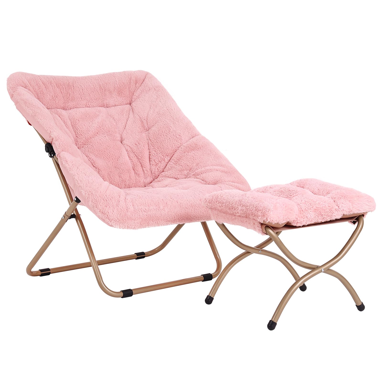 Extra Large Soft Saucer Chair with Ottoman - Oversized Folding Faux Fur Accent Chair, Foldable Metal Frame Lounge Chair for Bedroom, Living Room & Dorm (Pink) - Perfect for Relaxing, Reading & Small Space Decor