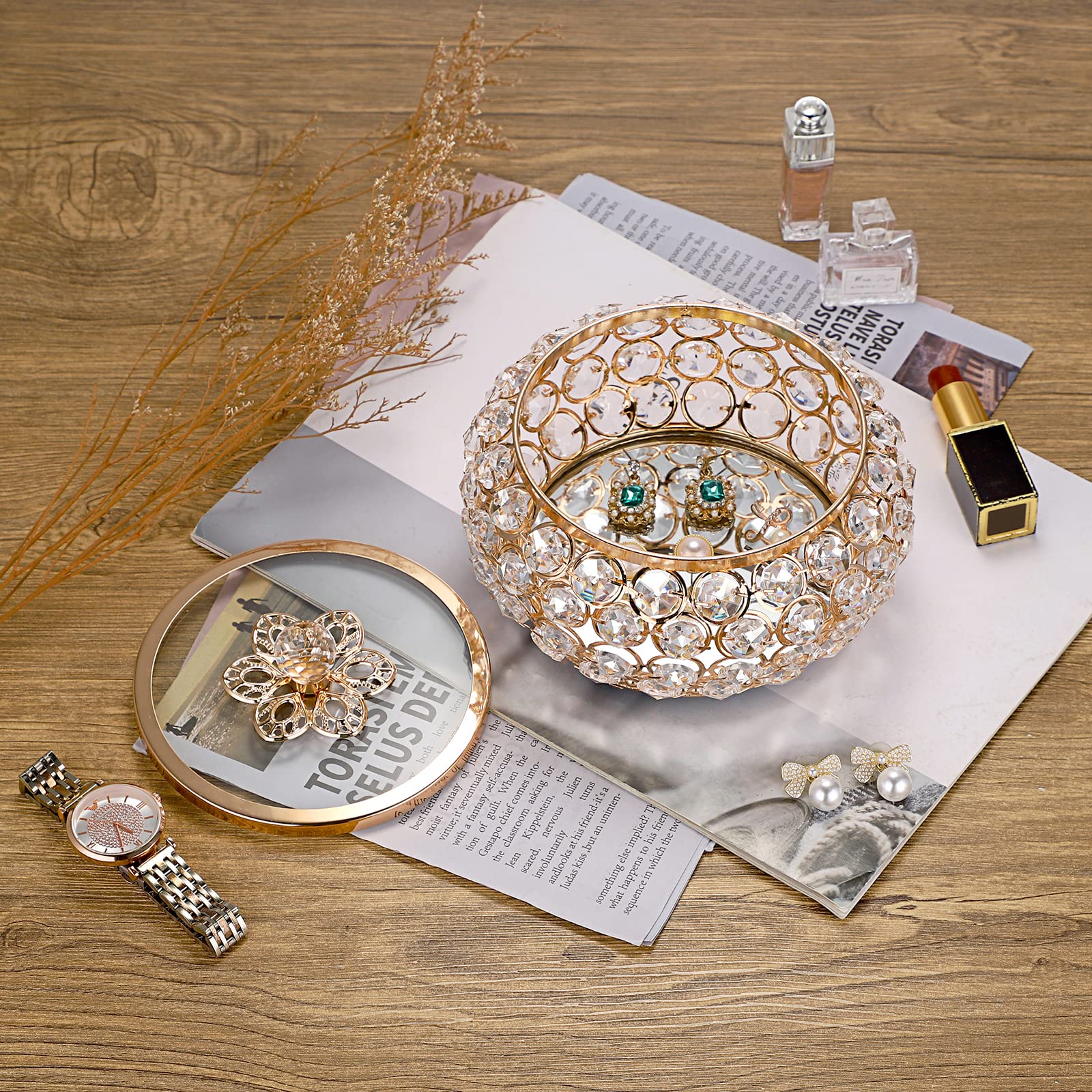 Hipiwe Large Gold Mirrored Jewelry Box with Glass Lid - Crystal Decorative Storage Box for Rings, Earrings, Necklaces - Perfect Gift for Women & Girls - Ideal for Vanity, Dresser, and Travel Organization