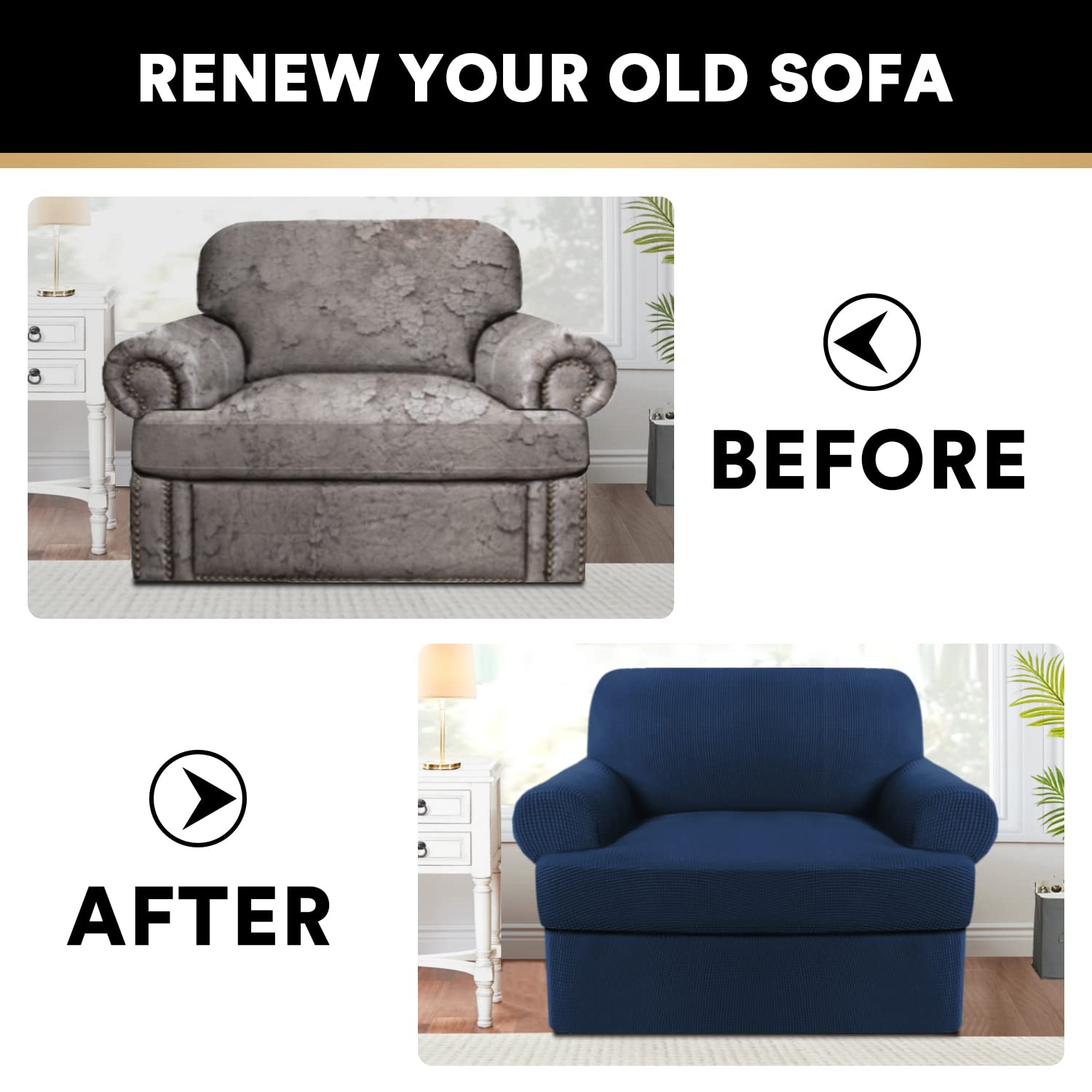 PrinceDeco 2-Piece Stretch Armchair Slipcover Set with T-Cushion Cover - Soft Furniture Protector for Living Room, Navy - Machine Washable - Perfect for Sofas, Recliners & Accent Chairs