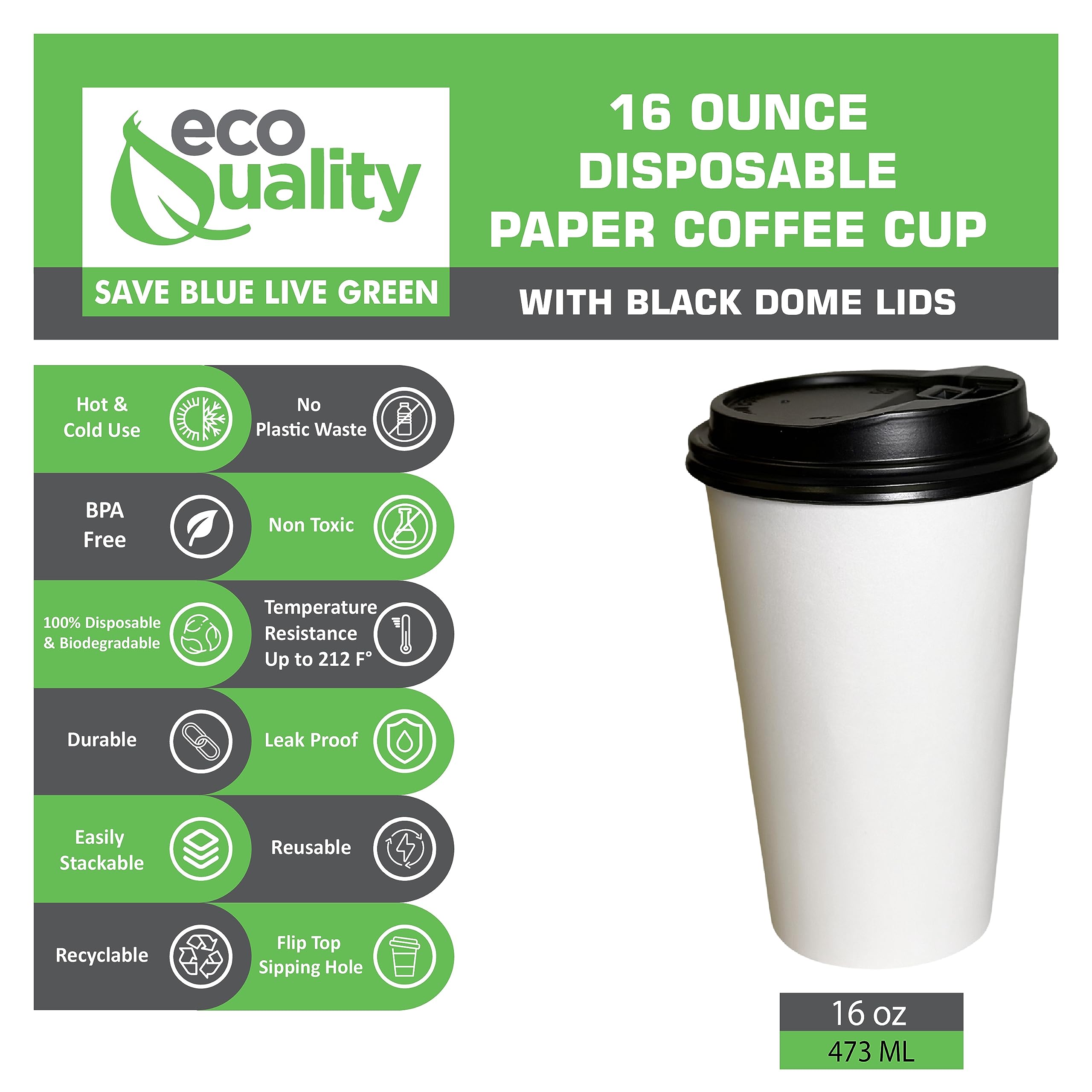 EcoQuality 16oz Disposable White Paper Coffee Cups with Black Lids - Bulk Pack of 500 - Ideal for Hot Drinks Like Coffee, Tea, Cappuccino, Hot Chocolate & Chai Latte - Perfect for Office, Cafes, Travel & Home Use