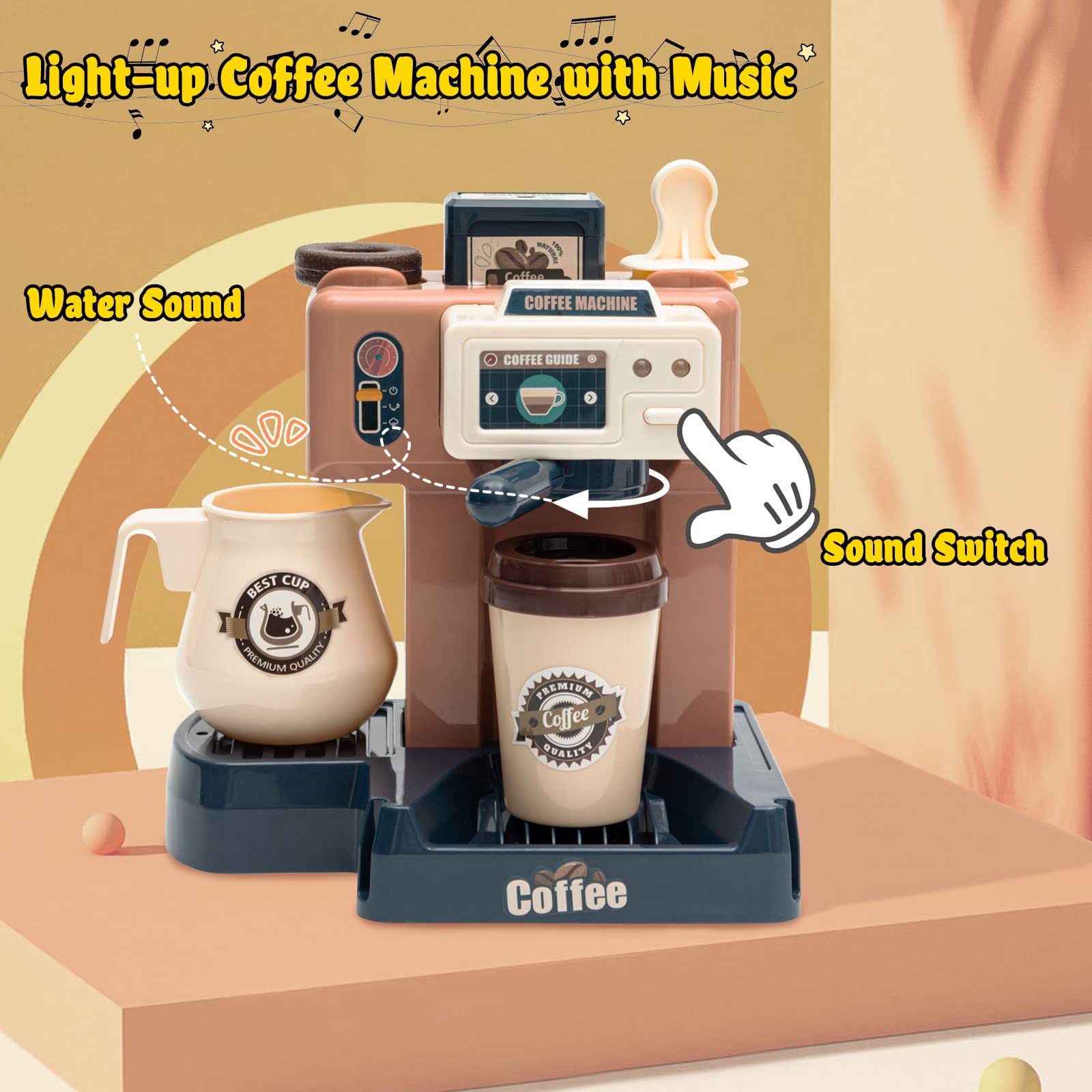 Jomifin Pretend Play Coffee Shop Set for Kids - 41Pcs Classic Edition with Coffee Maker Machine & Fake Donuts - Educational Role Play Toy for Boys & Girls - Perfect for Birthday Gifts & Preschool Learning Activities