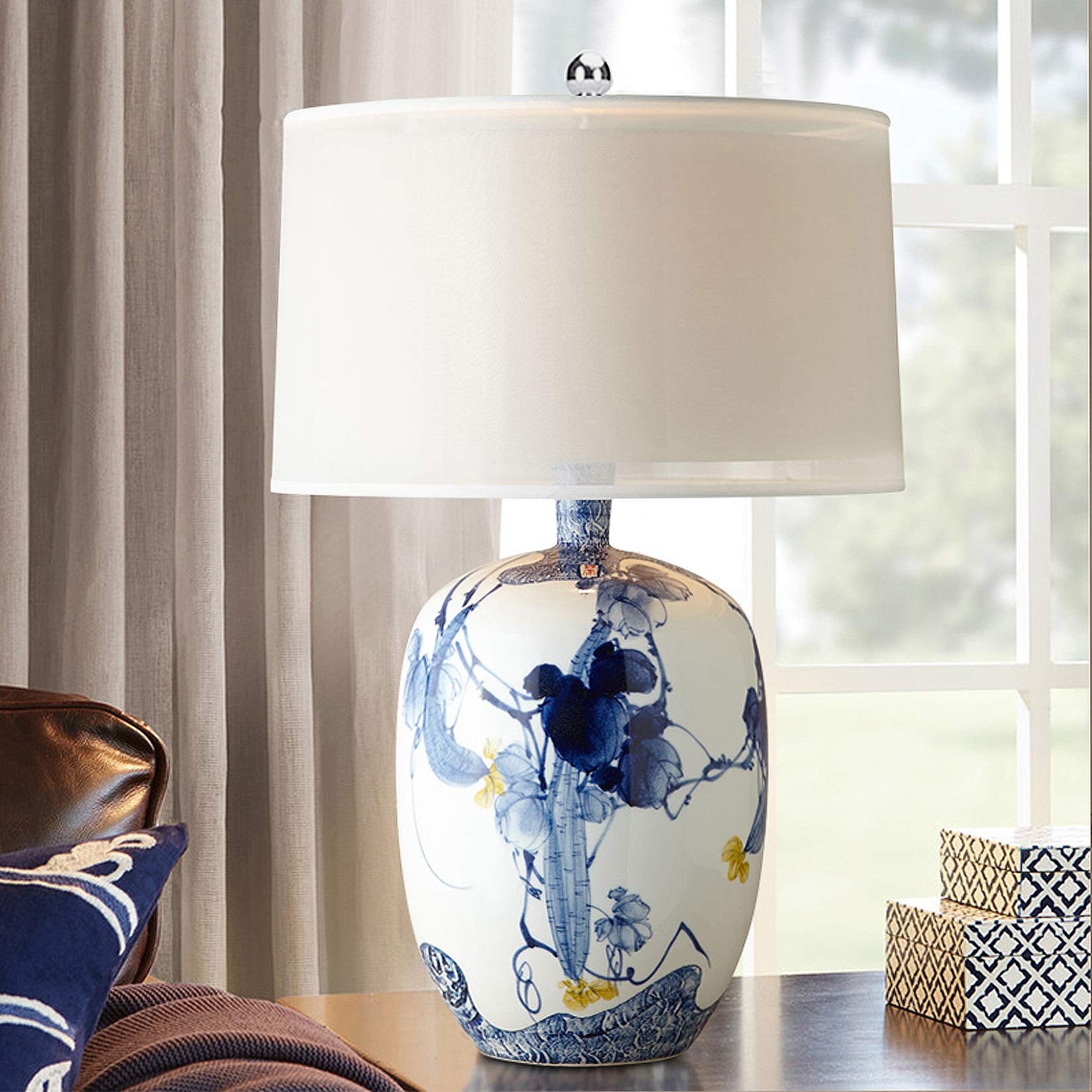 ENOVOMODEL Chinese-Style Blue and White Porcelain Table Lamp - Oriental Bedside Lamp with E27 Socket for Living Room, Bedroom & Study (38X68cm) | Perfect Reading Light & Decorative Accent for Asian-Inspired Home Decor