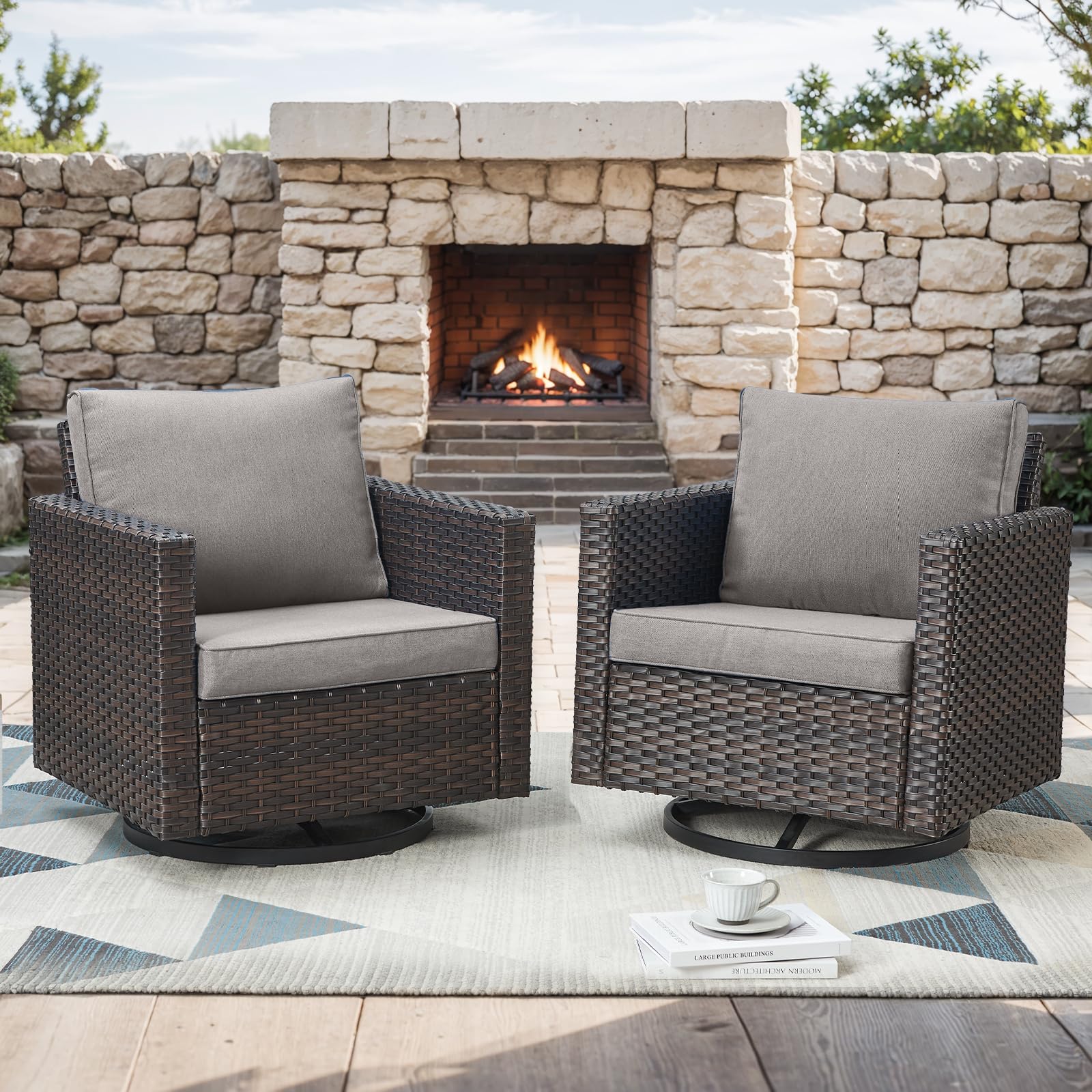 Outdoor Patio Swivel Rocking Chair - Waterproof Wicker, Comfortable Cushions & Sturdy Metal Frame - Single Porch Deck Backyard Rocker (Brown/Grey) - Perfect for Relaxing in Garden, Poolside or Balcony