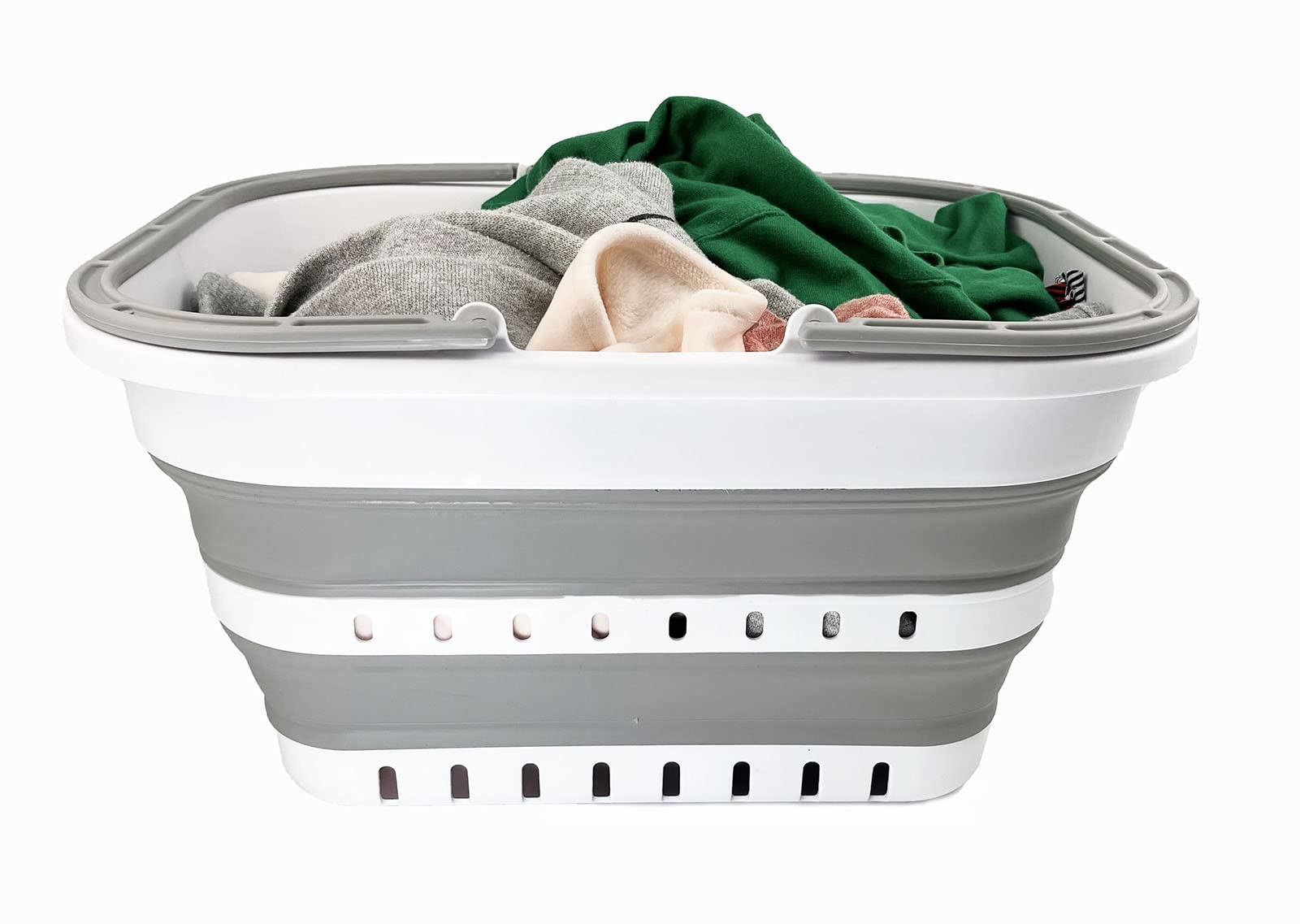 SAMMART 19L Collapsible Shopping Basket - Foldable Laundry Basket for Home & Travel - Portable Picnic Basket for Camping, Beach & Outdoor Activities - Compact Storage Organizer (White/Grey)