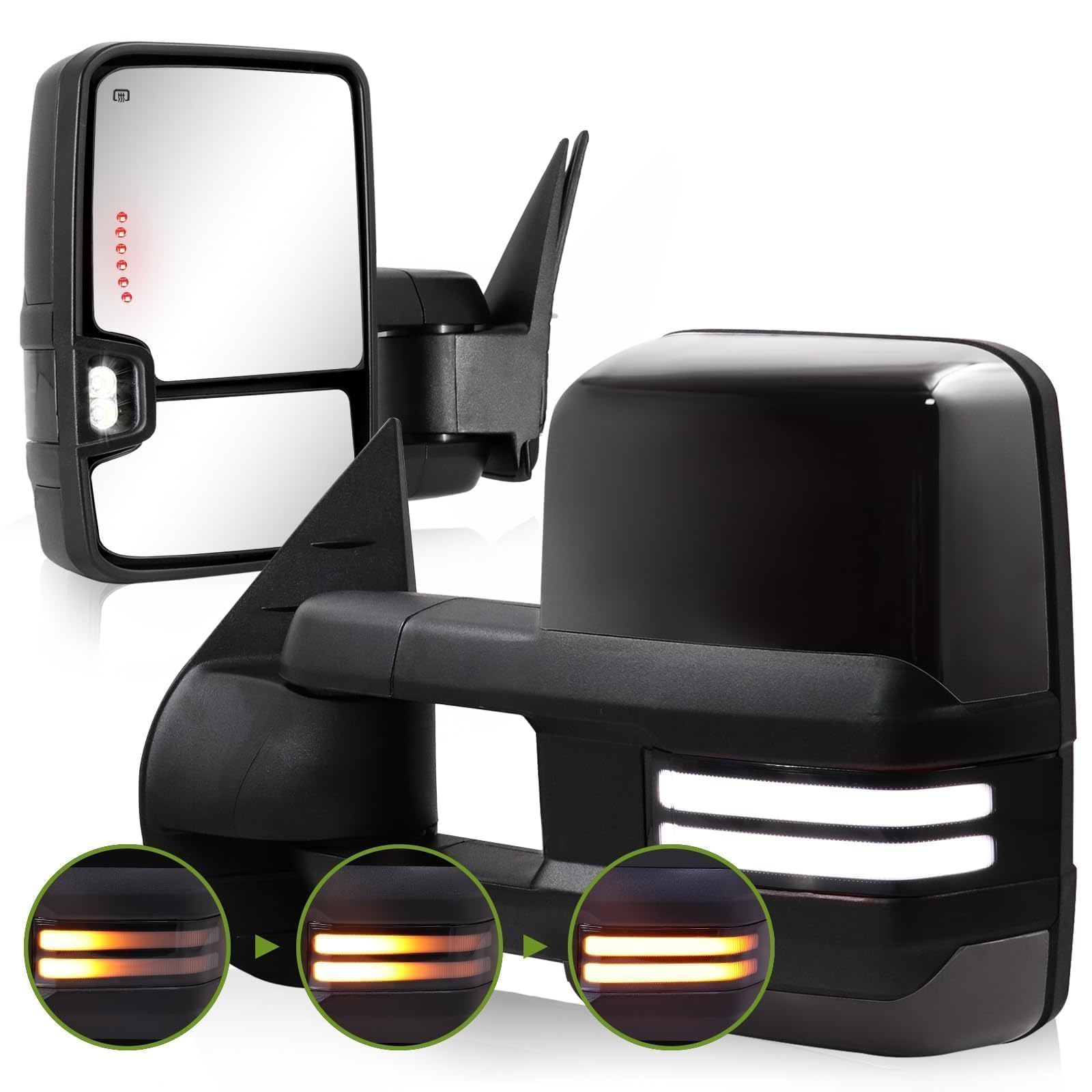 2007-2013 Chevy Silverado Avalanche Suburban Tahoe/GMC Sierra Yukon Power Heated Switchback Towing Mirrors with Dynamic Signal & Running Lights - Black Pair Set - Perfect for Towing, Off-Roading & Night Driving