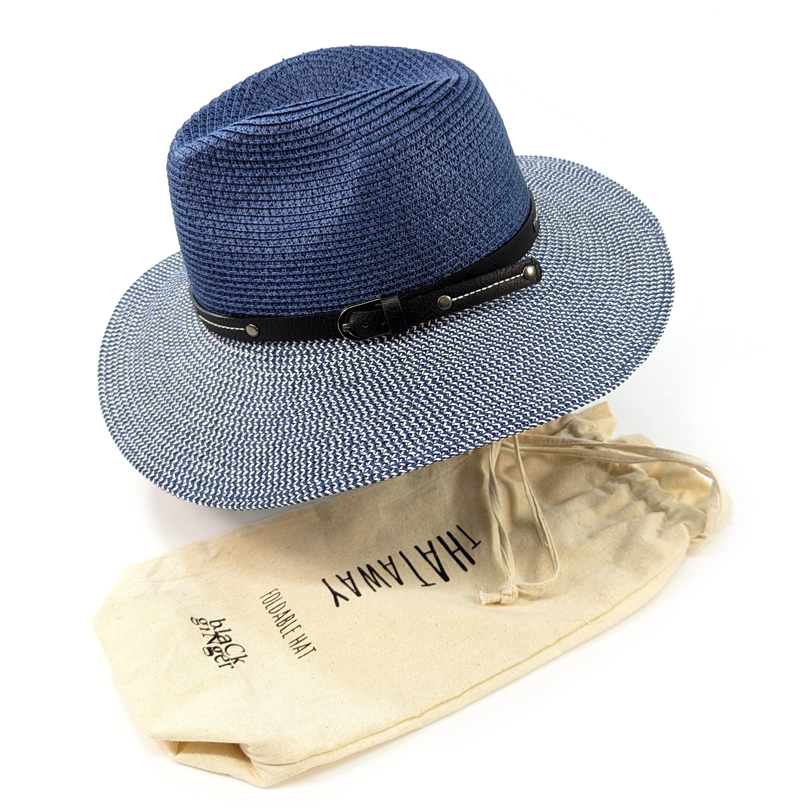 Two Tone Panama Foldable Hat for Men & Women - Mottled/Navy Blue with Adjustable Belt (57cm) - Perfect for Beach, Travel, and Outdoor Activities