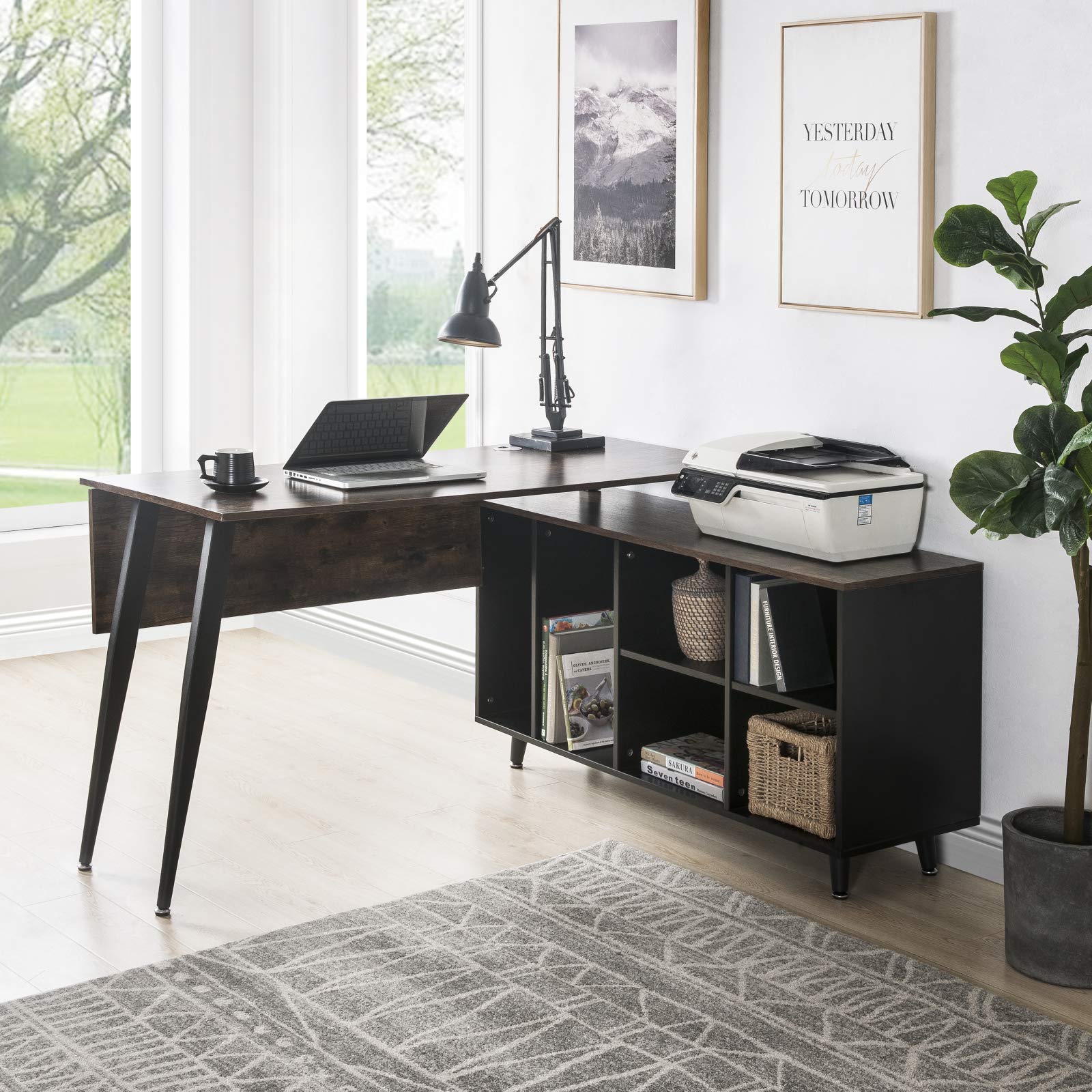 PovKeever L-Shaped Home Office Desk with Storage Shelves & Cabinet - Large Executive Computer Workstation for Home Office, Gaming & Study (Brown)
