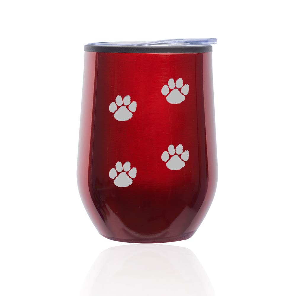 Stemless Wine Tumbler with Lid - 16oz Insulated Glass Coffee Mug for Travel, Paw Print Design (Red) - Perfect for Hot/Cold Drinks, Office, Picnics & Outdoor Activities