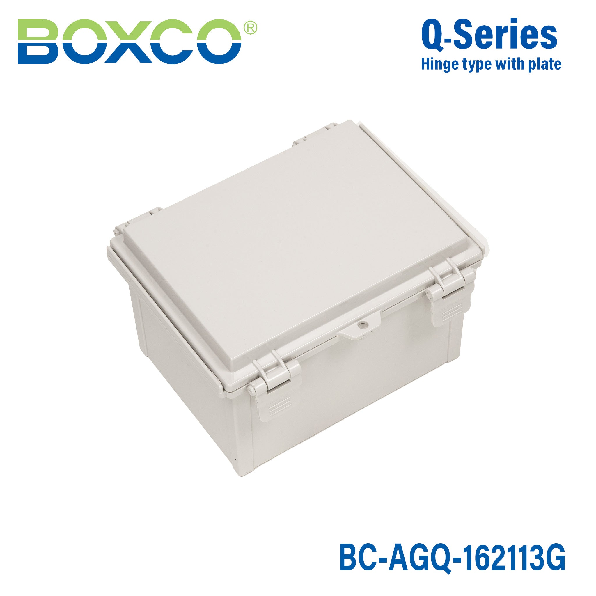Boxco Q Series 6.30 x 8.27 x 5.12 Inches (160 x 210 x 130mm) Waterproof Plastic Enclosure - IP67 & IK08 Rated ABS Grey Hinged Electrical Box with Mounting Plate | Ideal for Outdoor Electronics, Industrial Equipment & DIY Projects