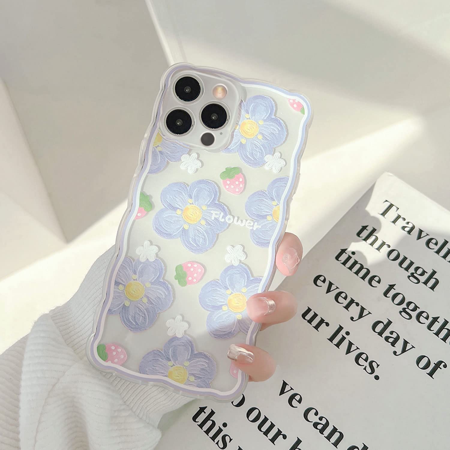 Ownest Clear Floral TPU Case for iPhone 12 Pro Max - Cute Strawberry Lace Design, Slim Shockproof Protective Cover for Women & Girls (Blue) | Perfect for Everyday Use, Work, School & Travel