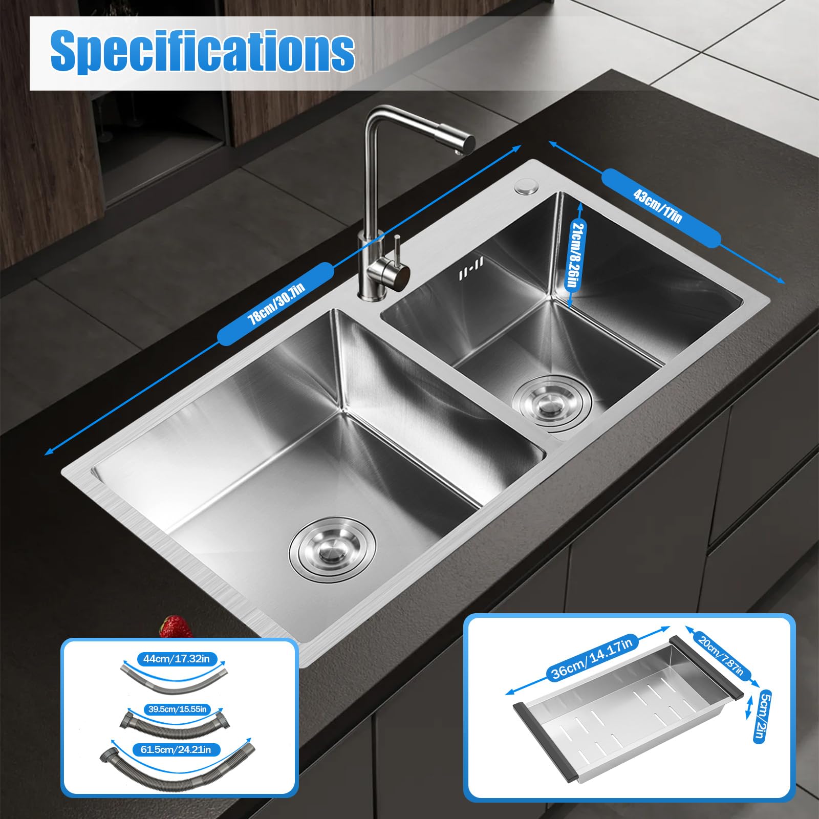 30 Inch Double Bowl Stainless Steel Kitchen Sink - Modern Nano-Coated Drop-in/Topmount Design with Drainage Pipes & Fruit Baskets (30.7