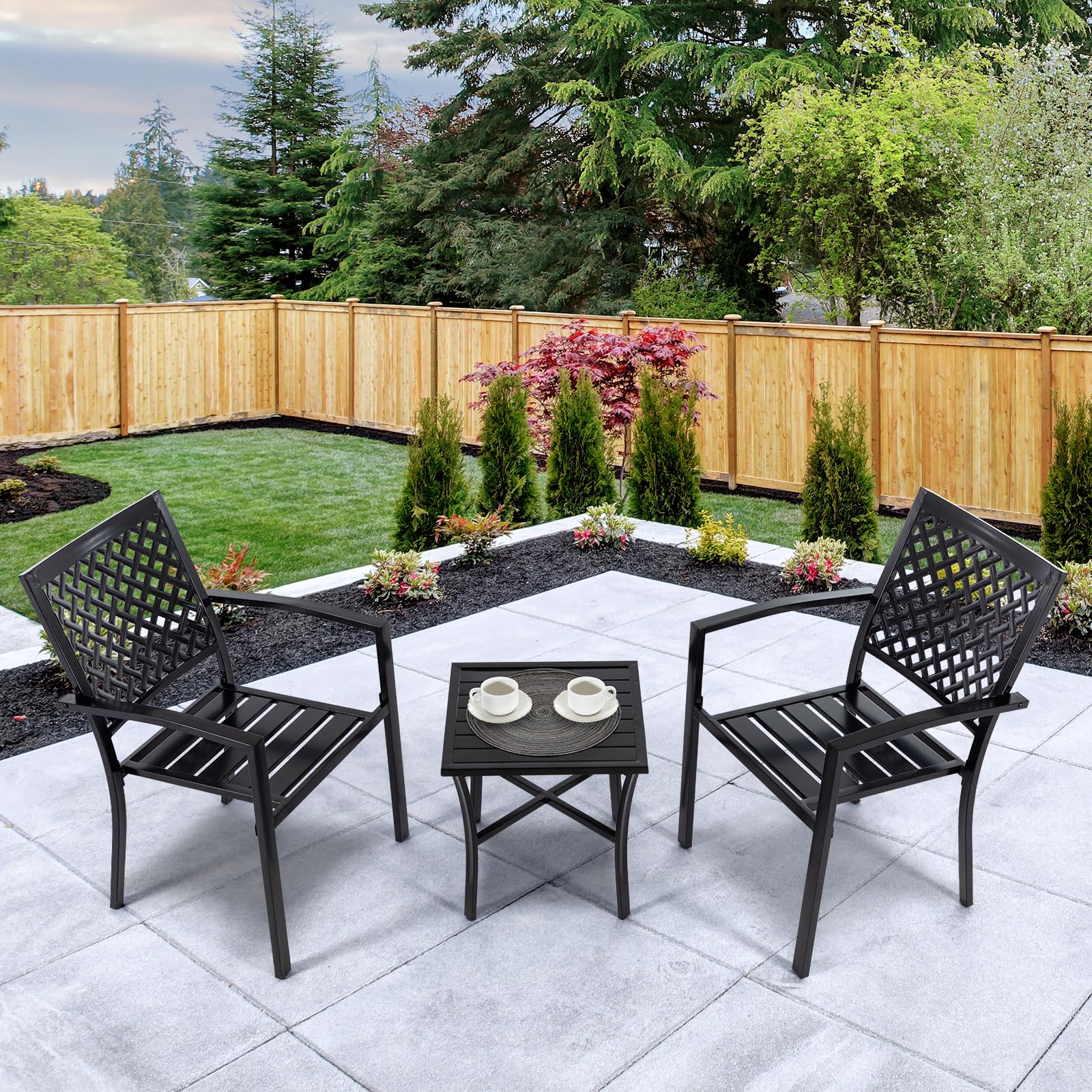3-Piece Outdoor Patio Dining Set - Durable Cast Iron Square Table with 2 Stackable Chairs, Weather-Resistant Bistro Set for Balcony, Porch, Garden, Backyard (Black) | Perfect for Small Space Entertaining & Al Fresco Dining