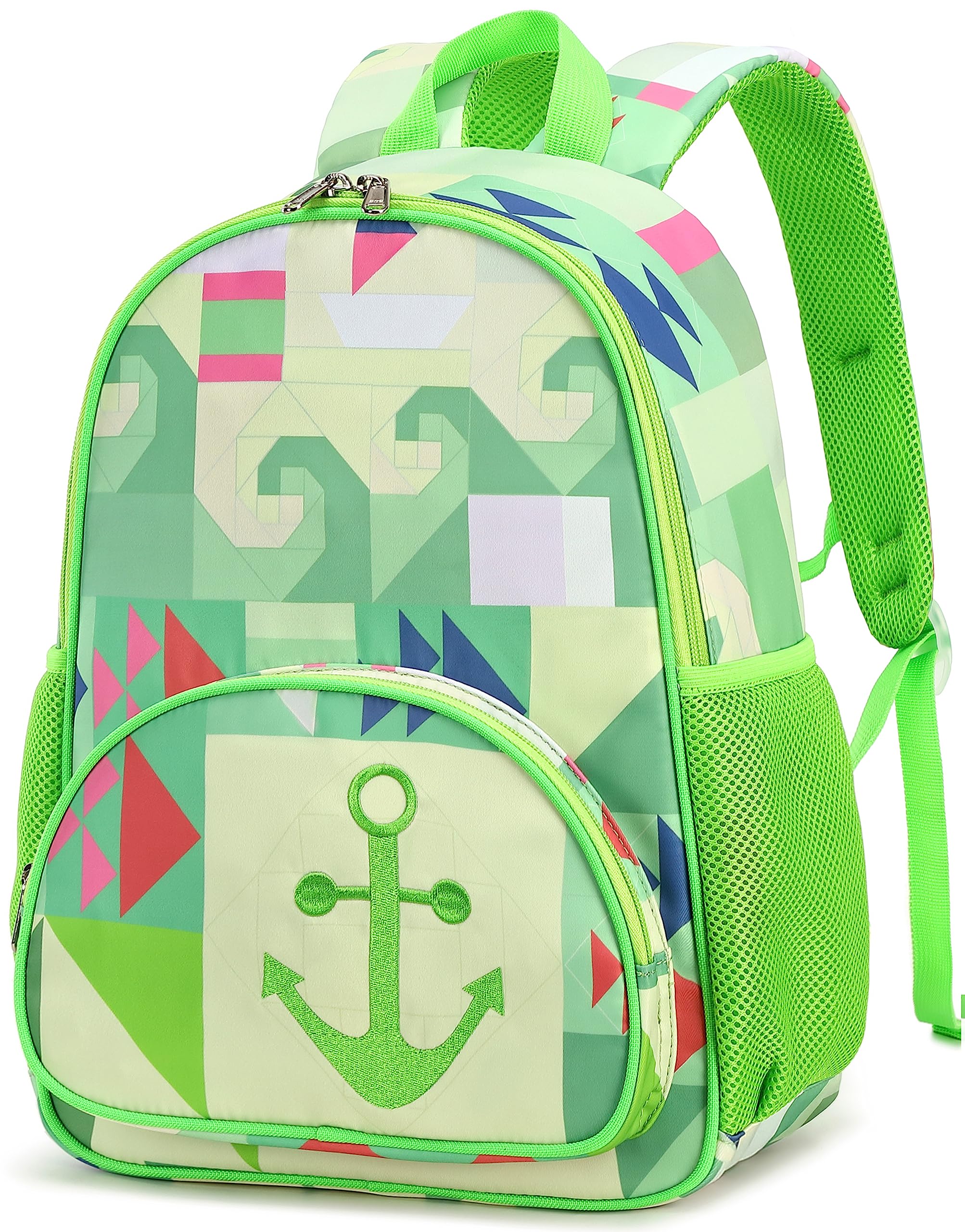 BTOOP Cute Patchwork Anchor Green Kids Backpack for Girls & Boys - Toddler School Backpack, Preschool & Kindergarten Bookbag, Nursery Small Daypack with Adjustable Chest Strap - Perfect for School, Travel & Outdoor Adventures