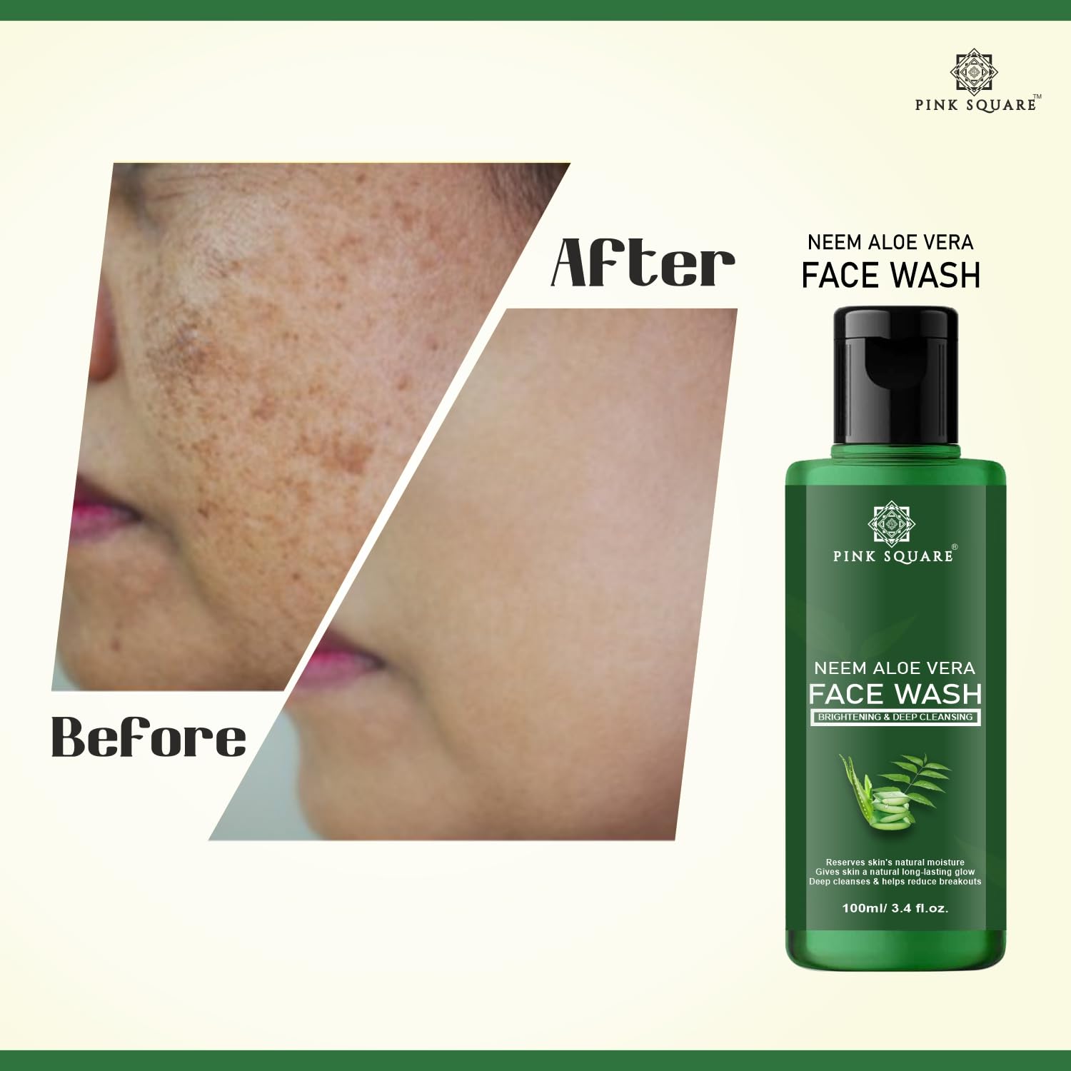Pink Square Neem & Aloe Vera Purifying Face Wash - Prevents Pimples, Controls Oil & Softens Skin - 100ml | Gentle Daily Cleanser for Acne-Prone & Sensitive Skin