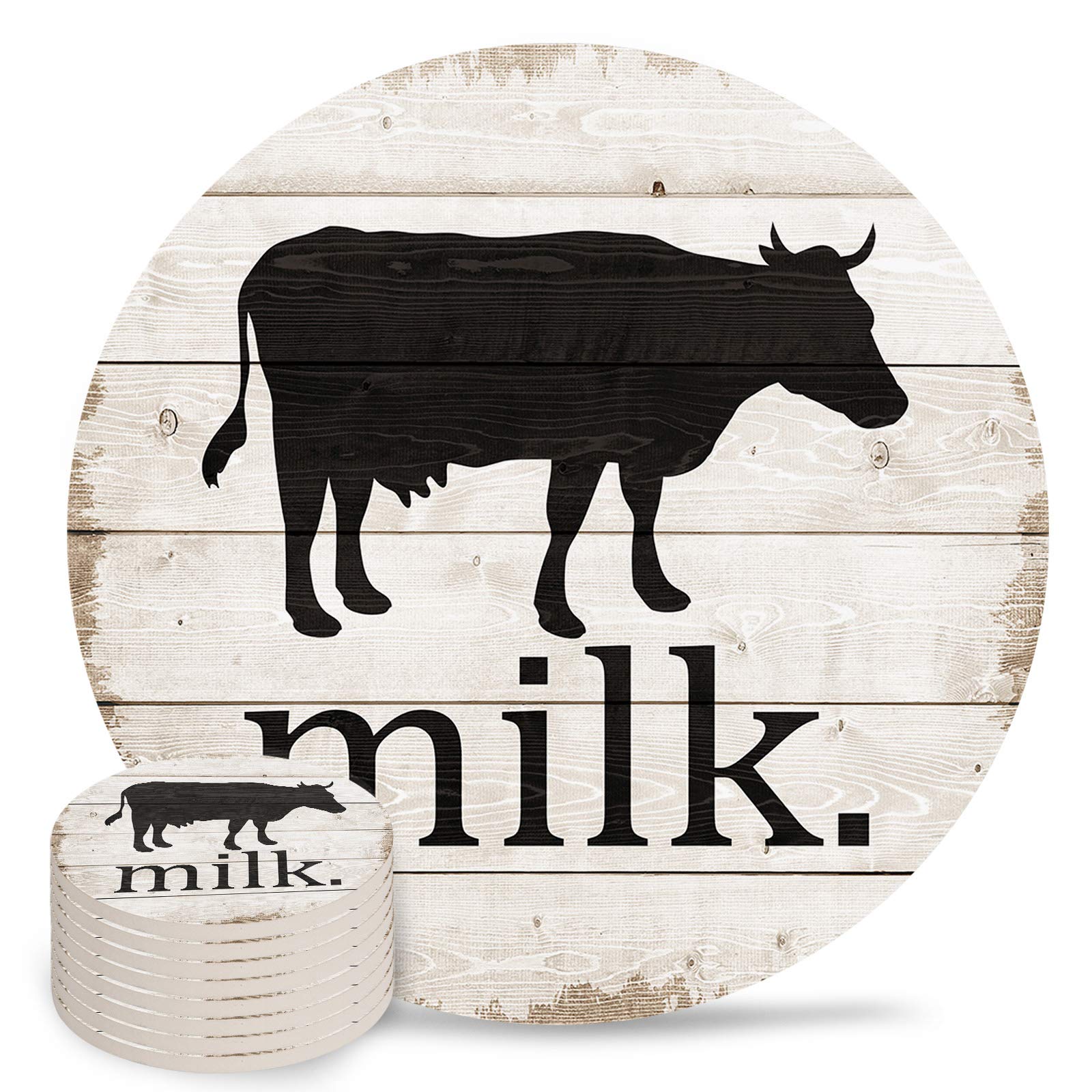 Farmhouse Cow Drink Coasters Set of 8 - Absorbent Stone Ceramic Round Coasters with 