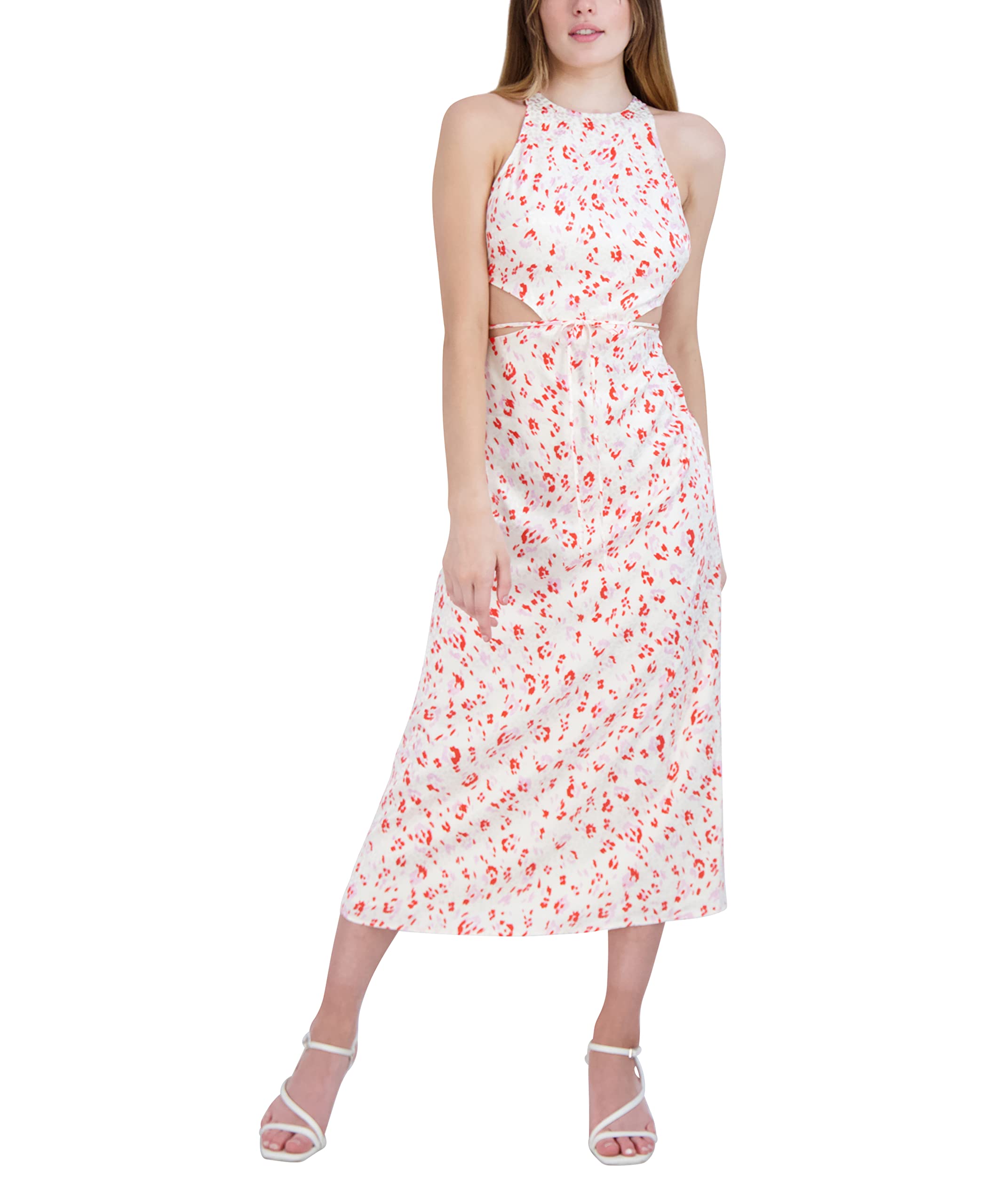 BCBGeneration Women's Crew Neck Tie Waist Cutout Midi Dress - Flowy Summer Dress for Casual Outings, Beach Vacations & Date Nights
