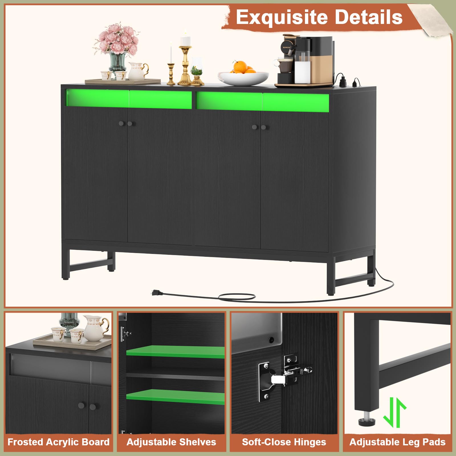 Aheaplus Modern Sideboard Buffet Cabinet with Built-in Power Outlet & LED Lighting - Kitchen Storage Cabinet with Doors - Accent Cupboard Buffet Table for Dining Room, Living Room, Hallway - Perfect for Entertaining Guests & Organizing Dishes (Black)